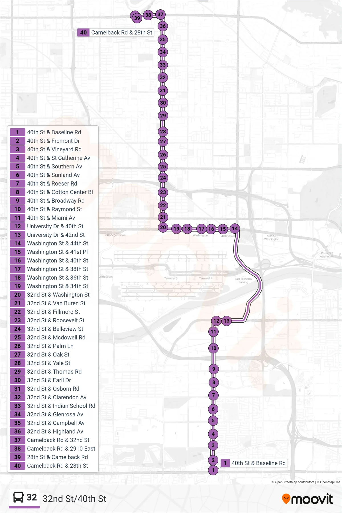 32 bus Line (Camelback+28th St) route and stops on a map