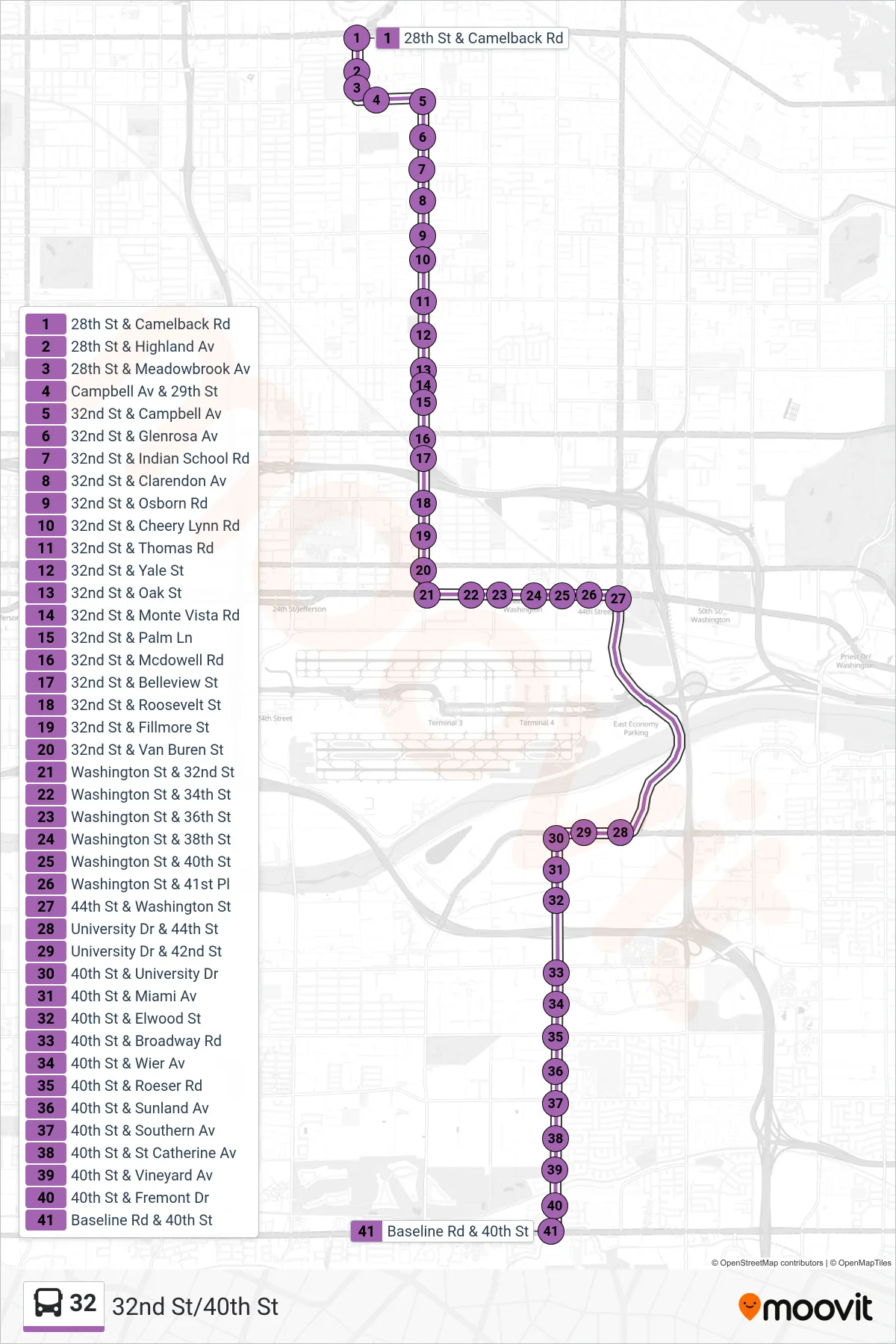 32 bus Line (Baseline Rd+40th St) route and stops on a map
