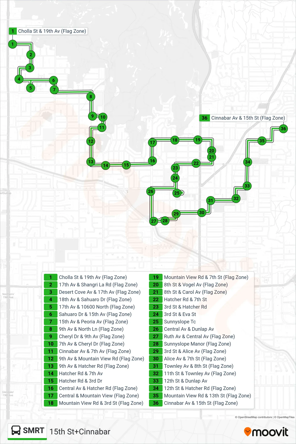 SMRT bus Line (15th St+Cinnabar) route and stops on a map