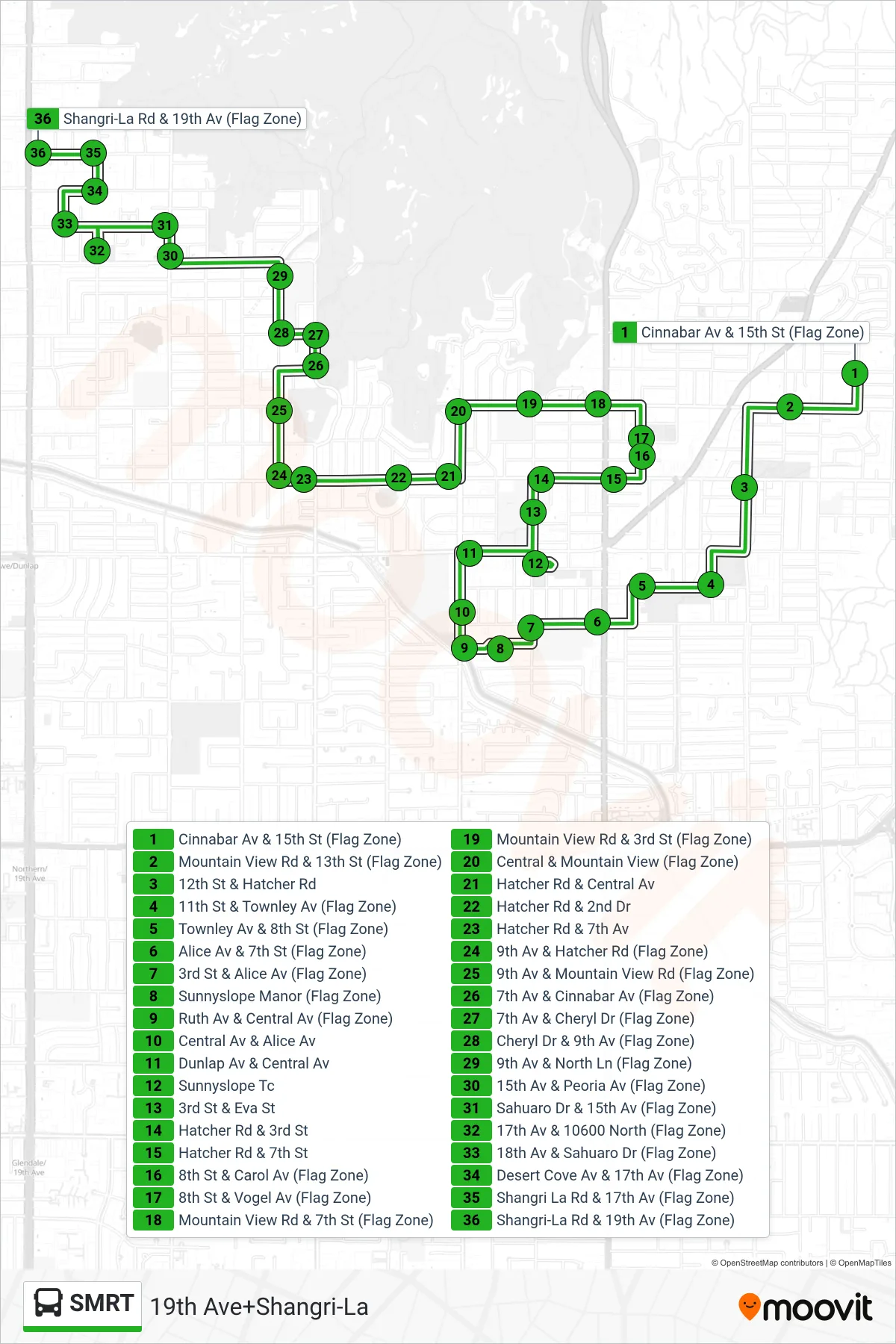 SMRT bus Line (19th Ave+Shangri-La) route and stops on a map