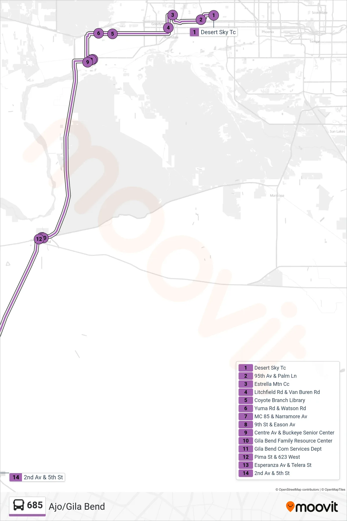 685 bus Line (Ajo) route and stops on a map