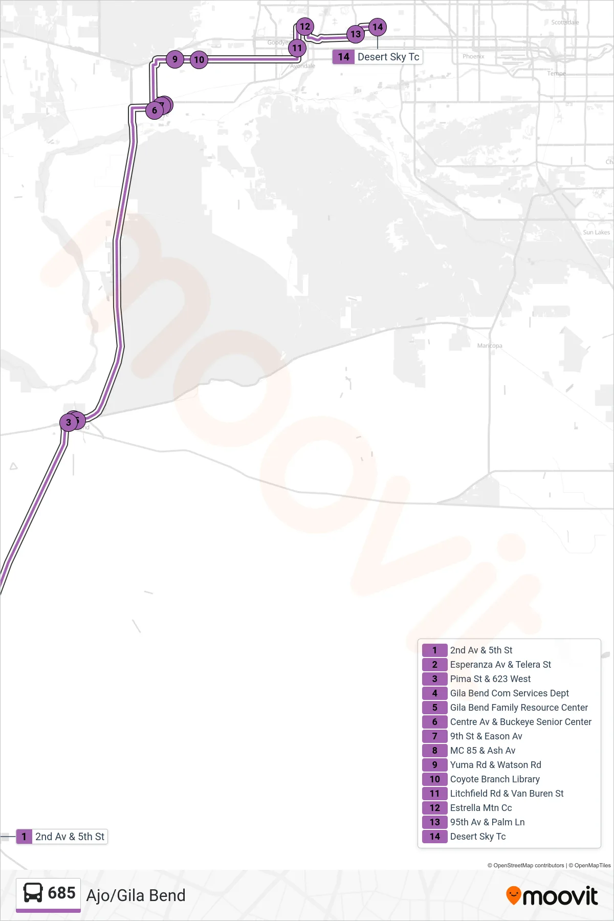 685 bus Line (Desert Sky Tc) route and stops on a map