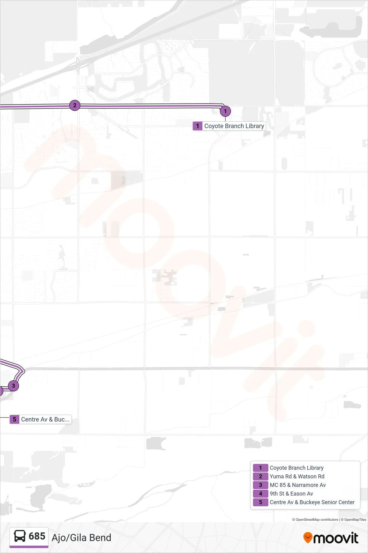 685 bus Line (Buckeye Senior Ctr) route and stops on a map