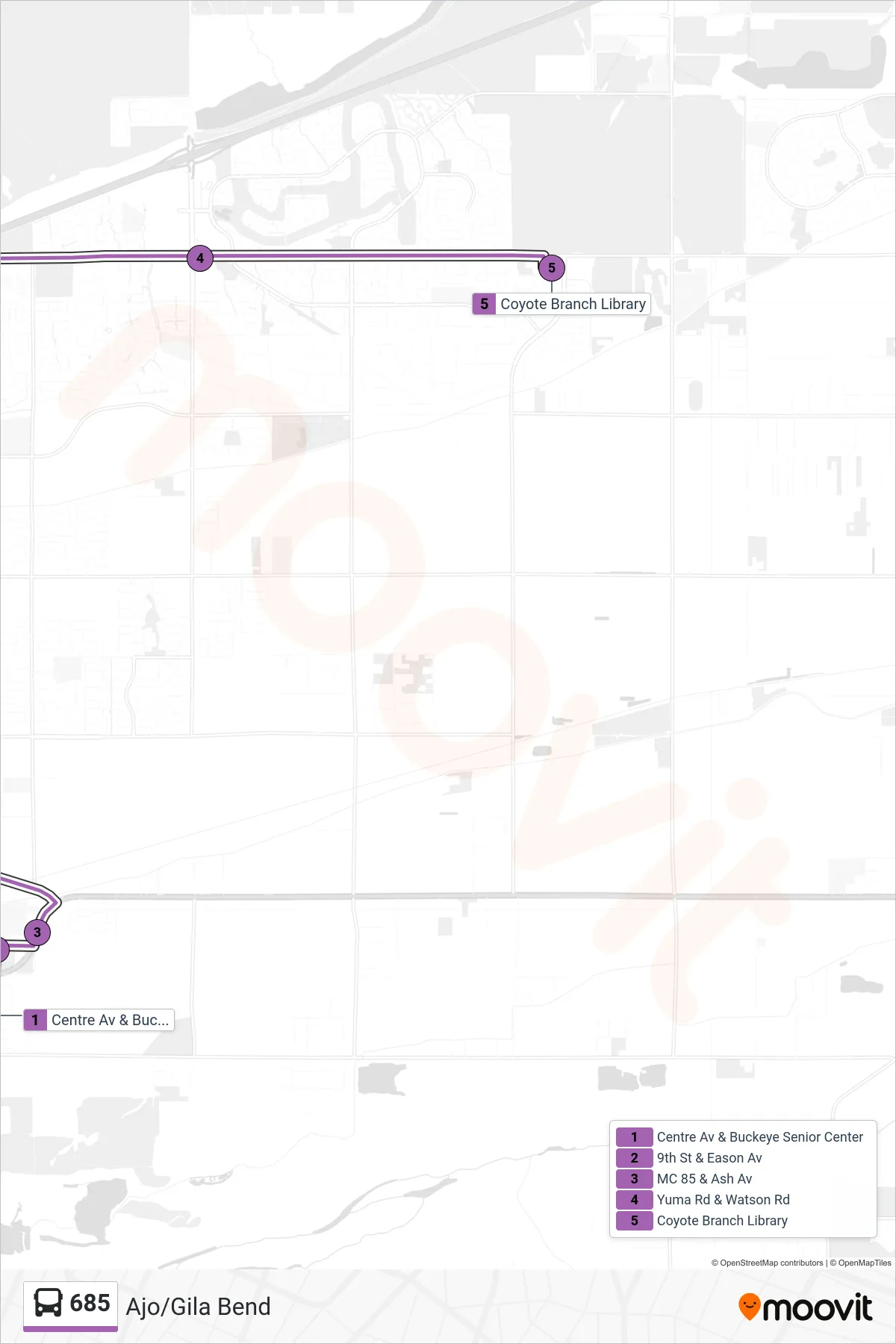685 bus Line (Yuma Rd + Dean Rd) route and stops on a map