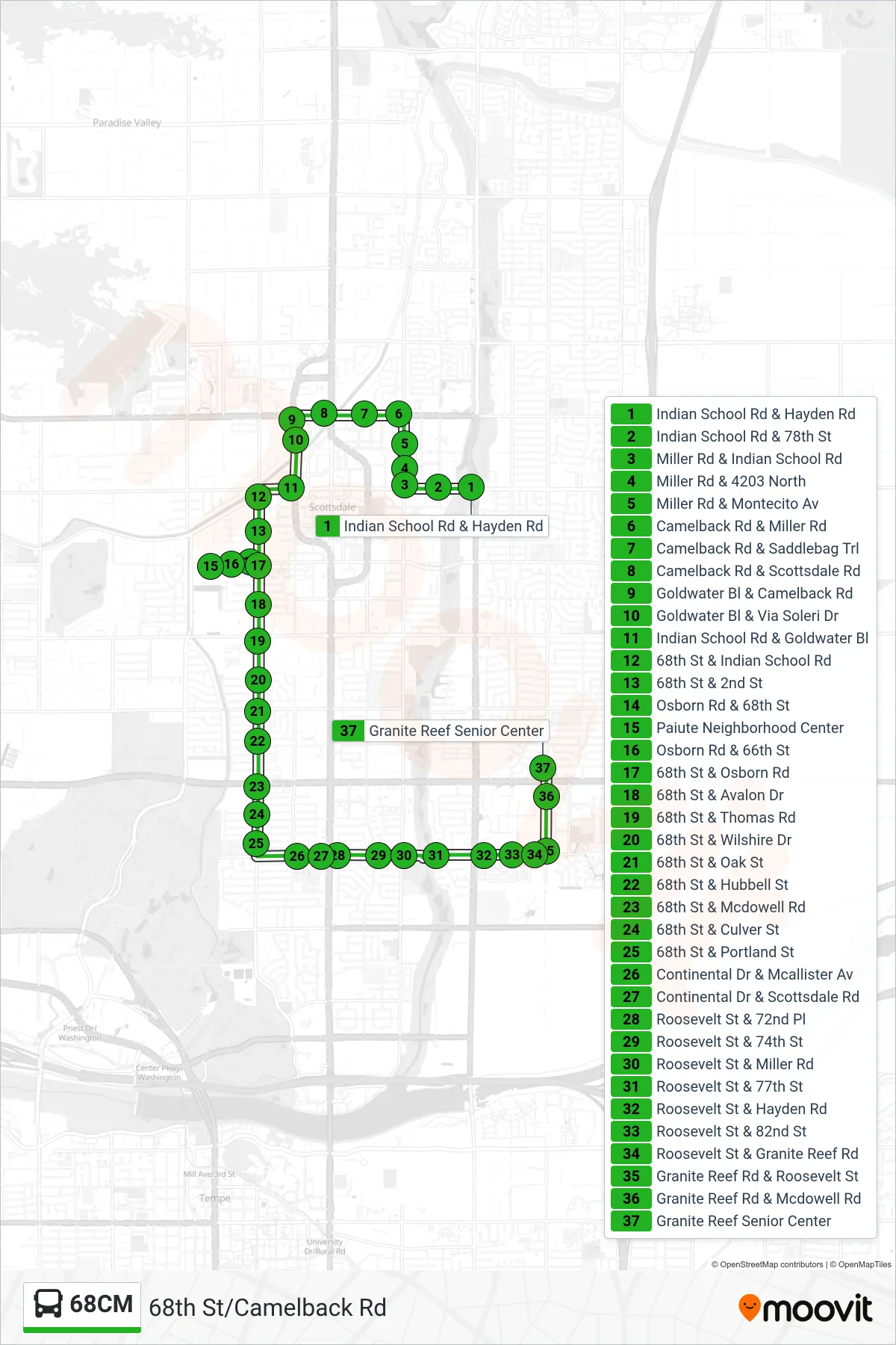 68CM bus Line (Gr Senior Center) route and stops on a map