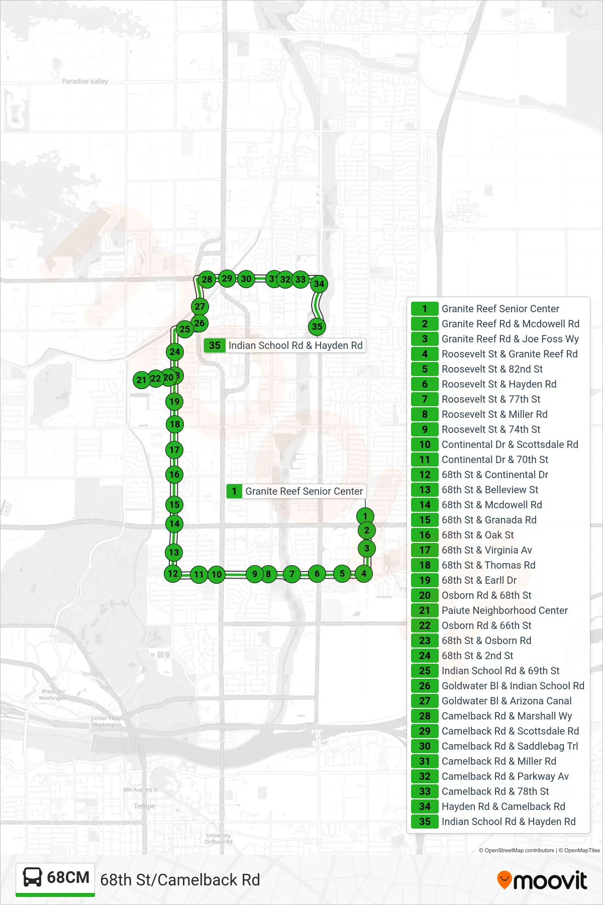 68CM bus Line (Hayden+Indian School) route and stops on a map