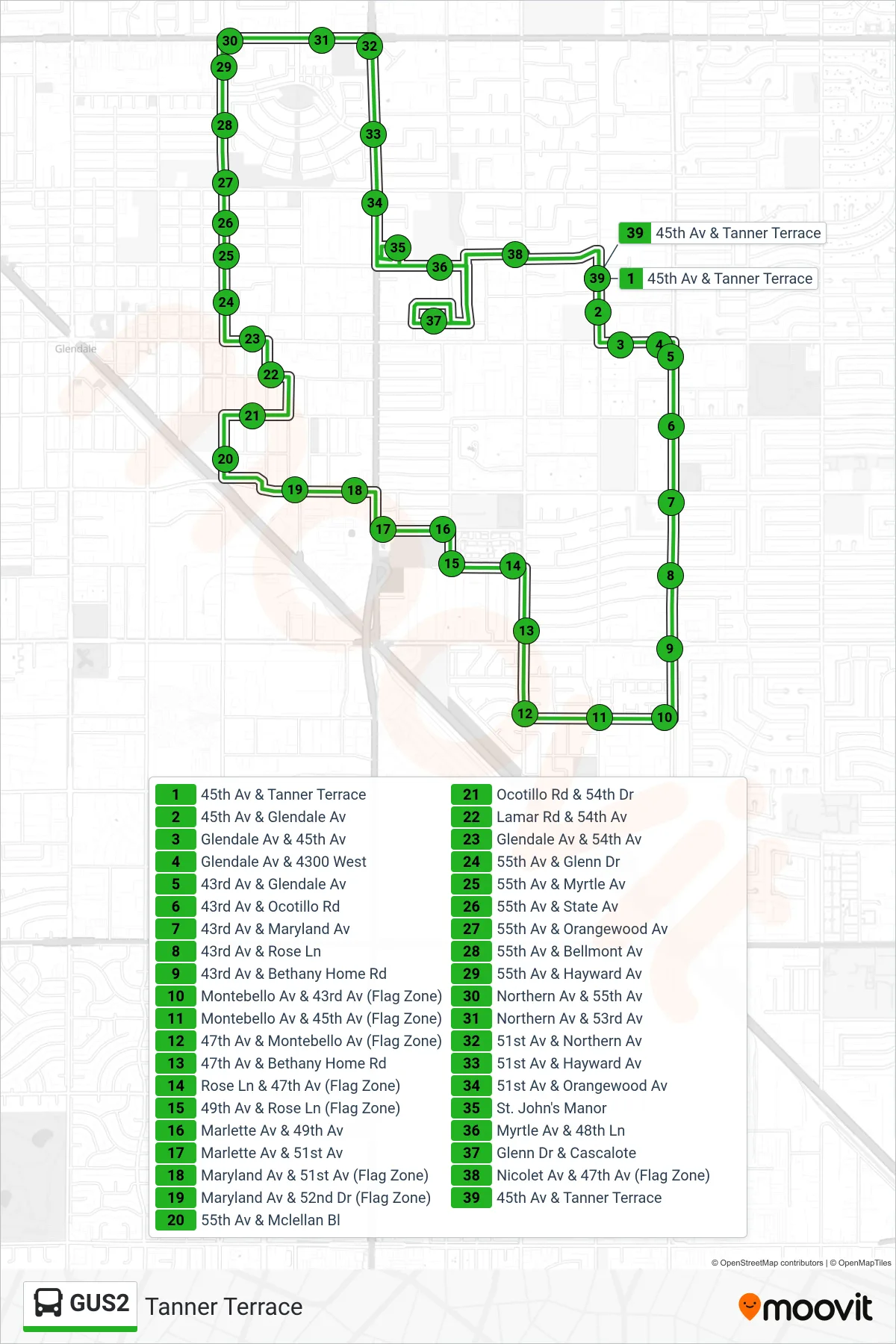 GUS2 bus Line (Tanner Terrace) route and stops on a map