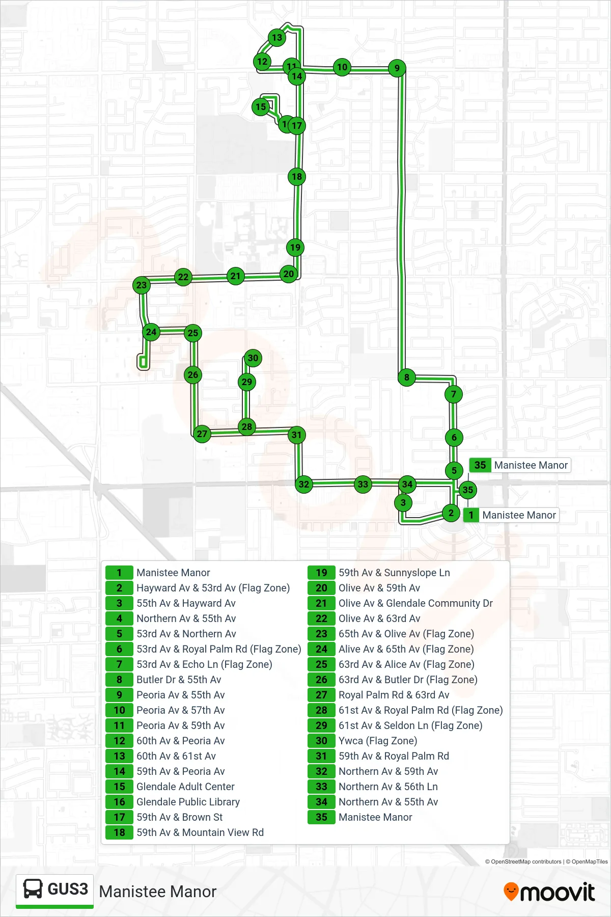 GUS3 bus Line (Manistee Manor) route and stops on a map