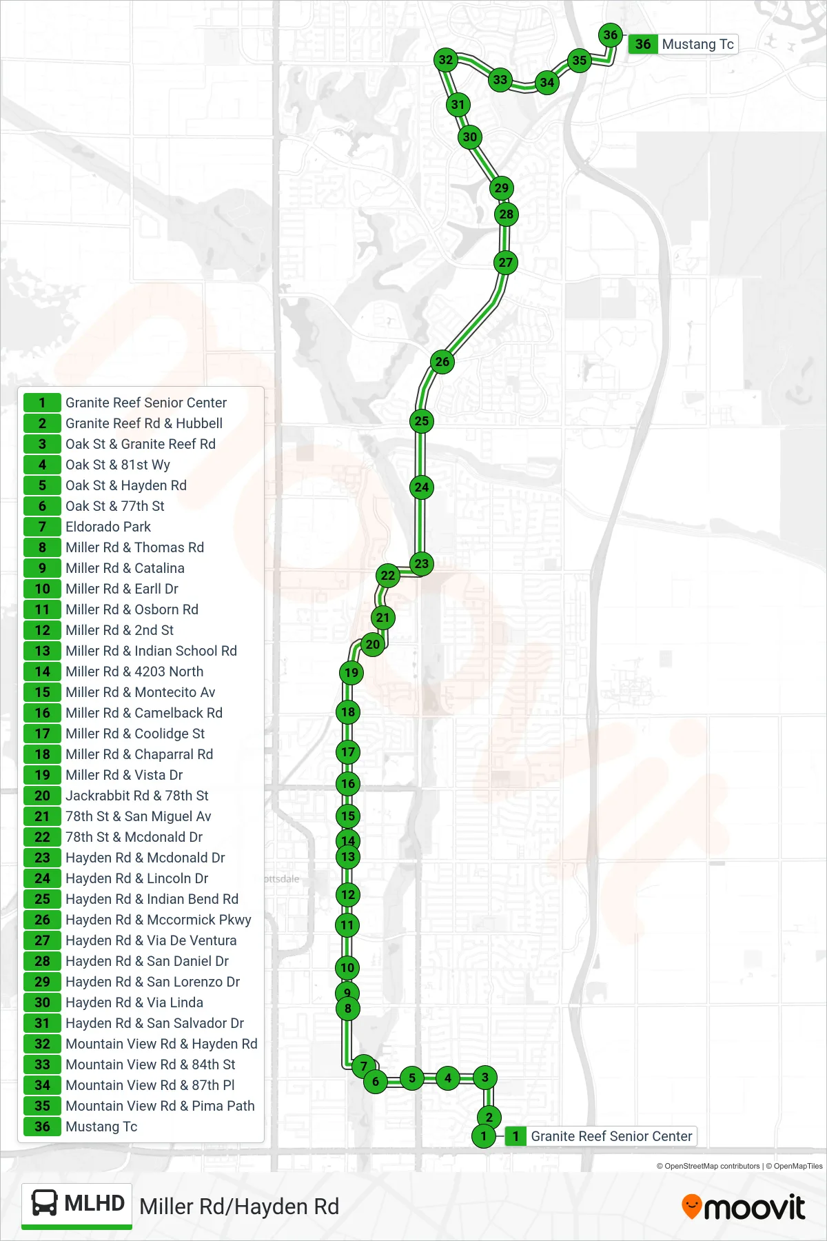 MLHD bus Line (Mustang Tc) route and stops on a map