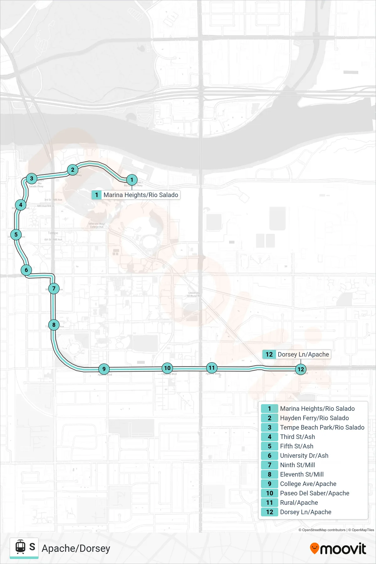S light rail Line (Apache/Dorsey) route and stops on a map