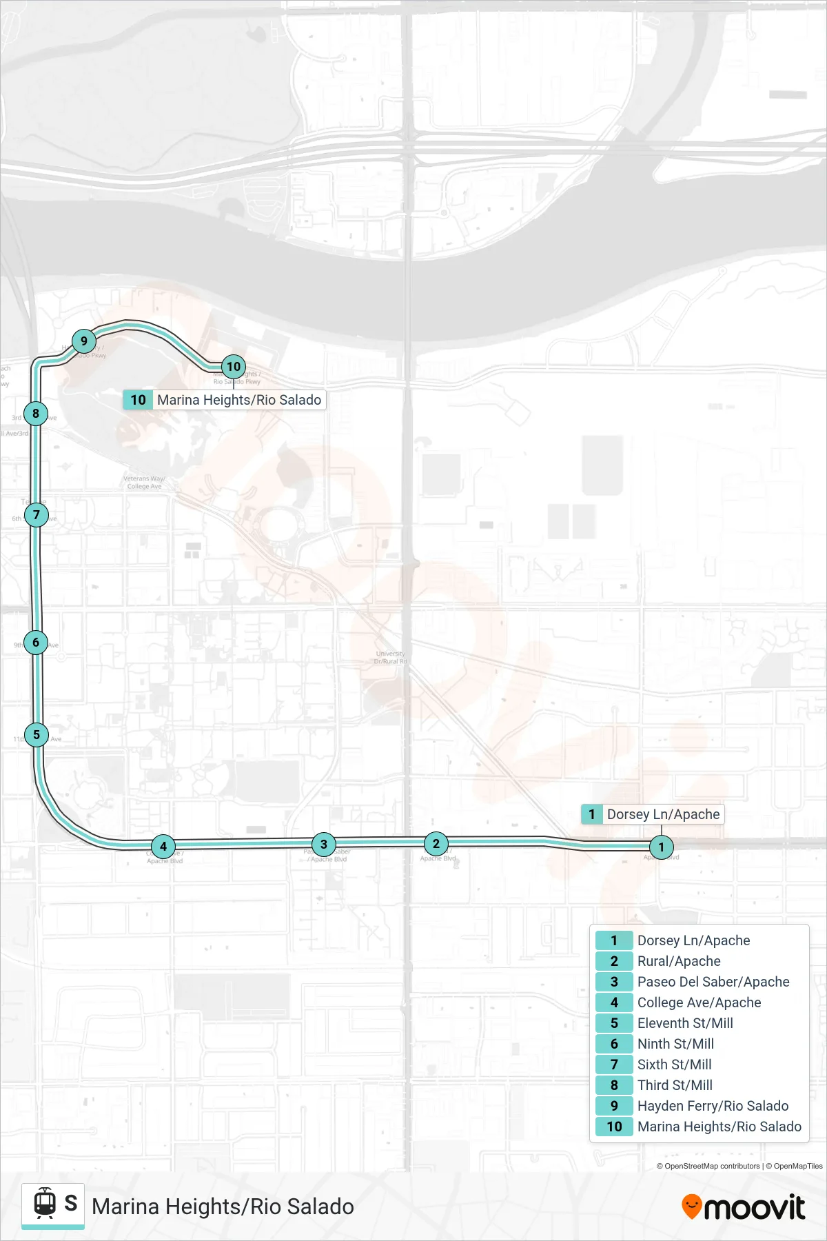 S light rail Line (Marina Heights/Rio Salado) route and stops on a map