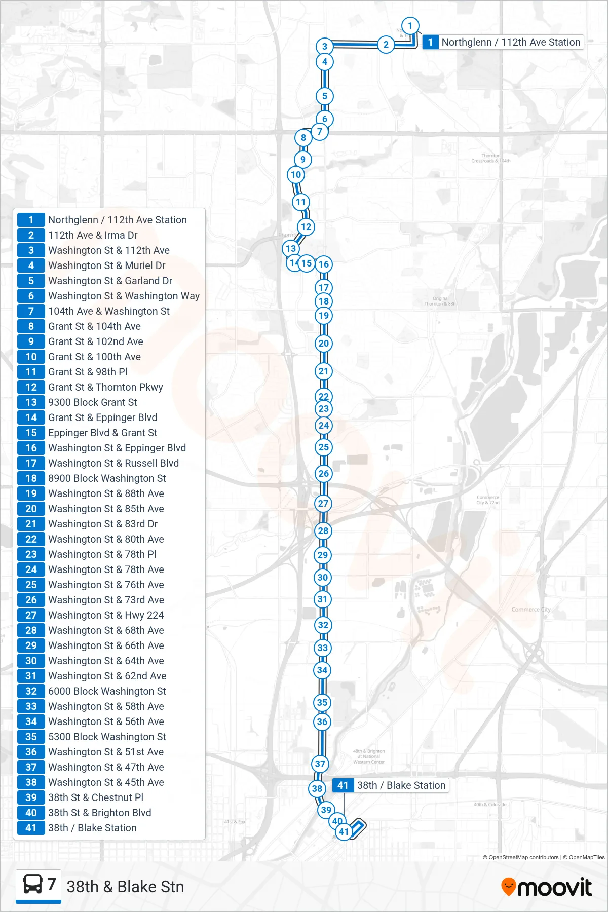 7 bus Line (38th & Blake Stn) route and stops on a map