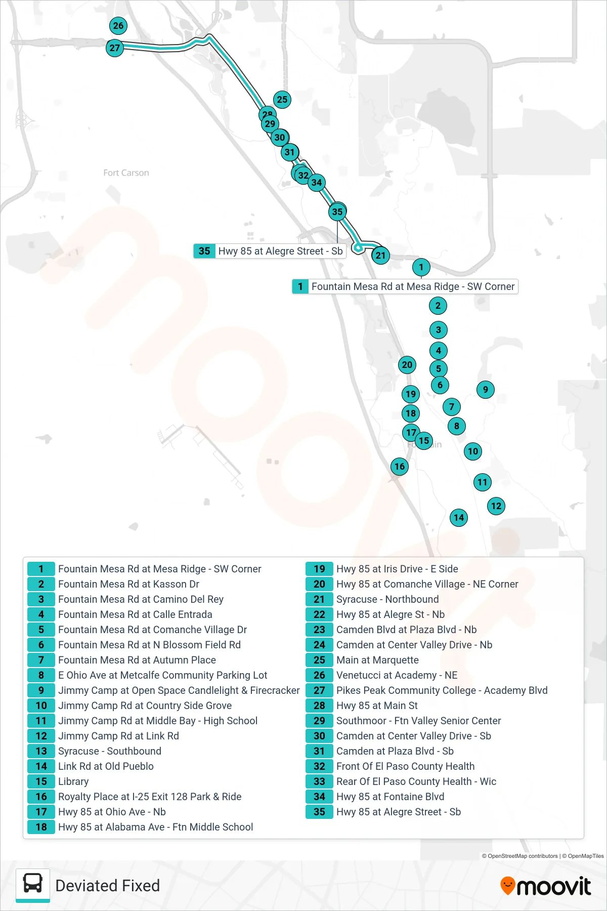DEVIATED FIXED bus Line (Syracuse - Southbound) route and stops on a map