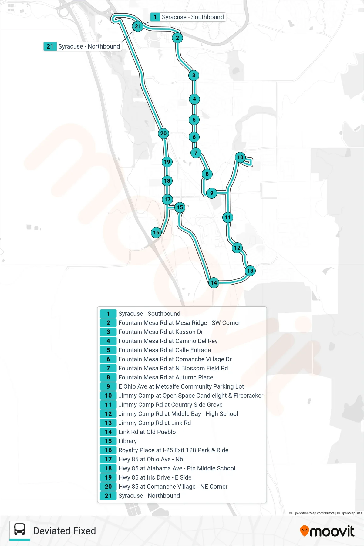 DEVIATED FIXED bus Line (Syracuse - Northbound) route and stops on a map
