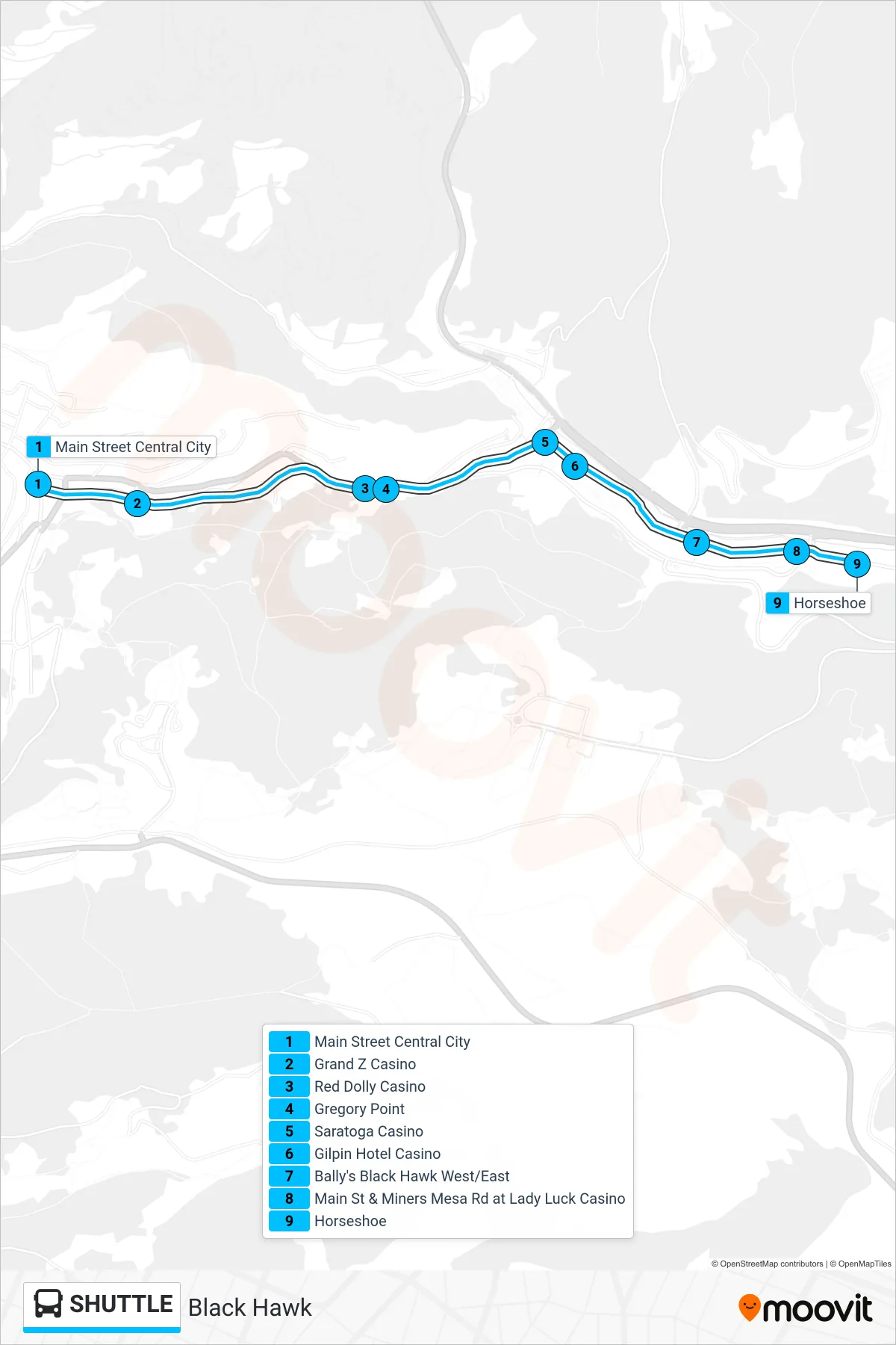 SHUTTLE bus Line (Black Hawk) route and stops on a map