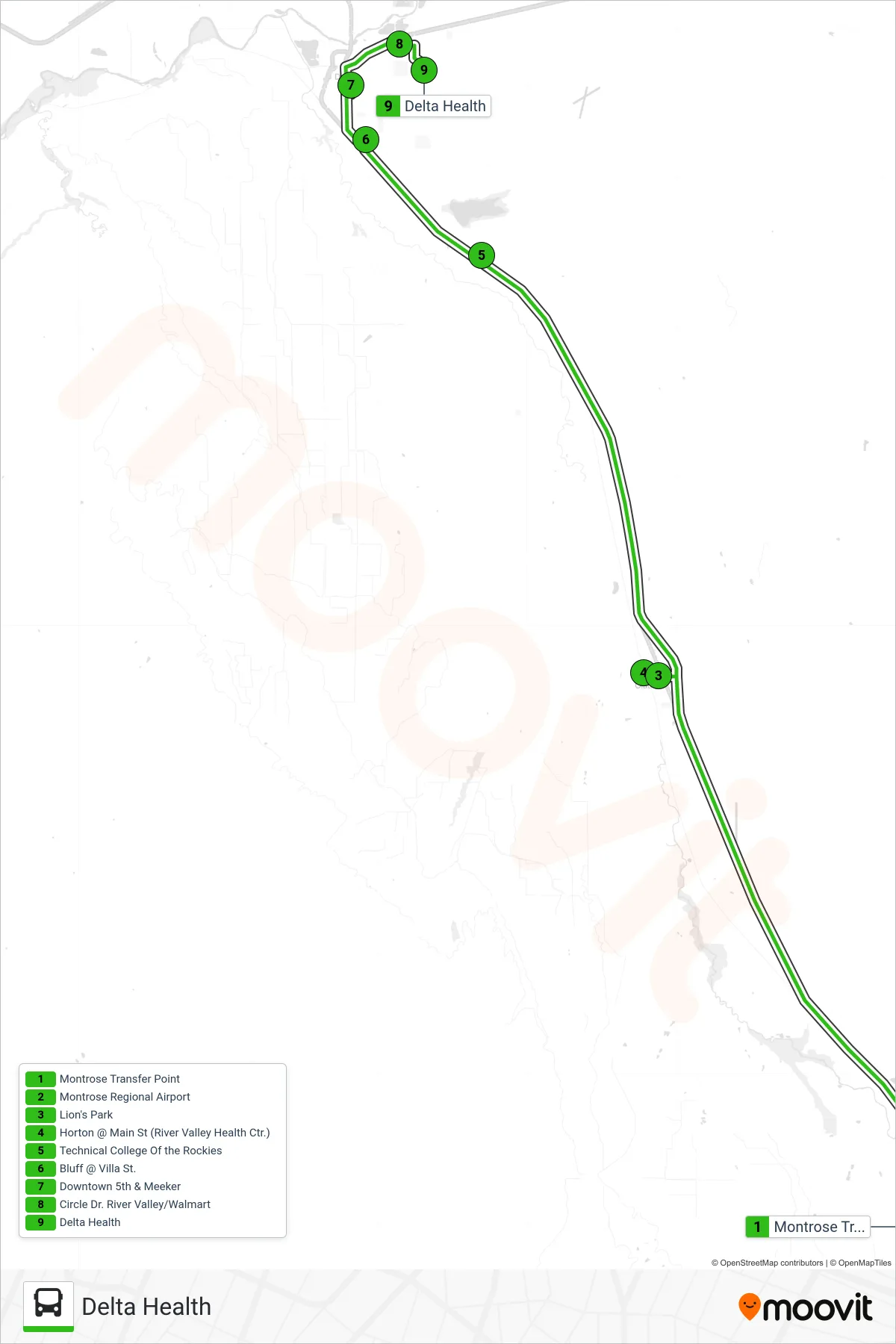 MOD EXPRESS bus Line (Delta Health) route and stops on a map
