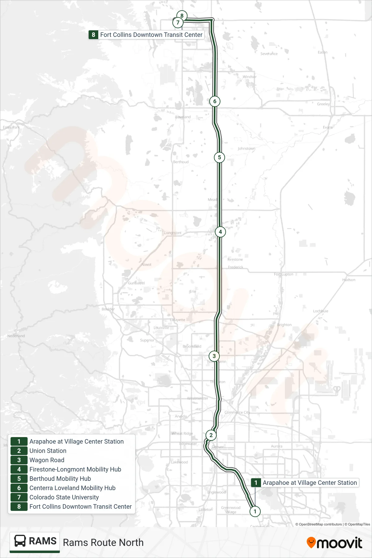 RAMS bus Line (Rams Route North) route and stops on a map