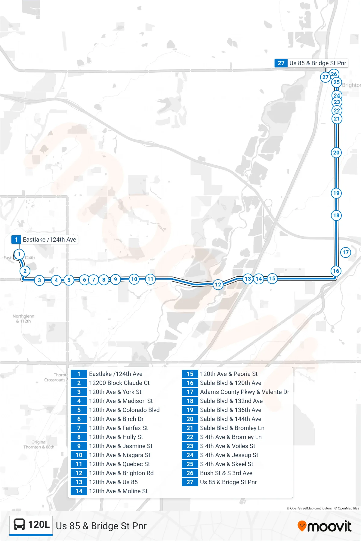 120L bus Line (Us 85 & Bridge St Pnr) route and stops on a map