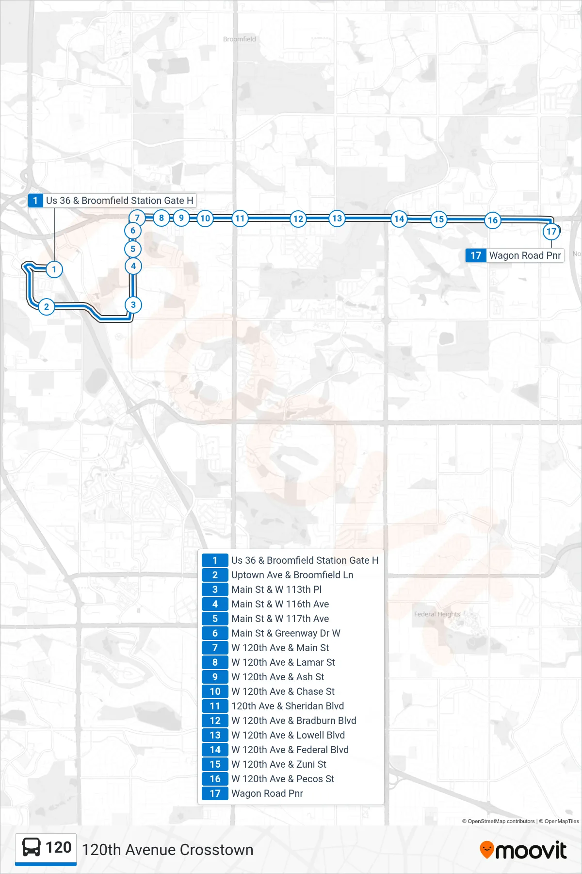 120 bus Line (Wagon Road Pnr Eastbound) route and stops on a map