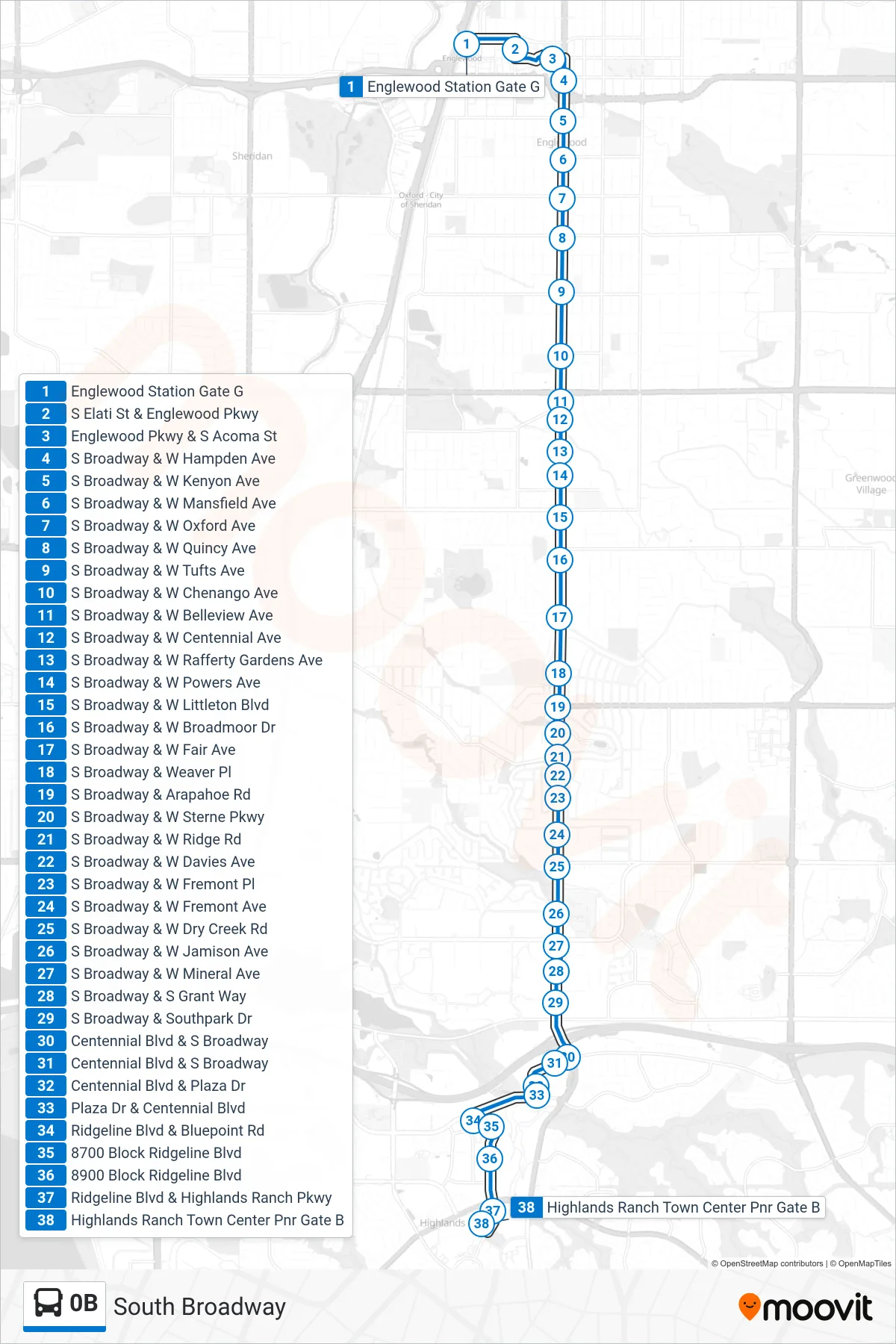 0B bus Line (Highlands Ranch) route and stops on a map