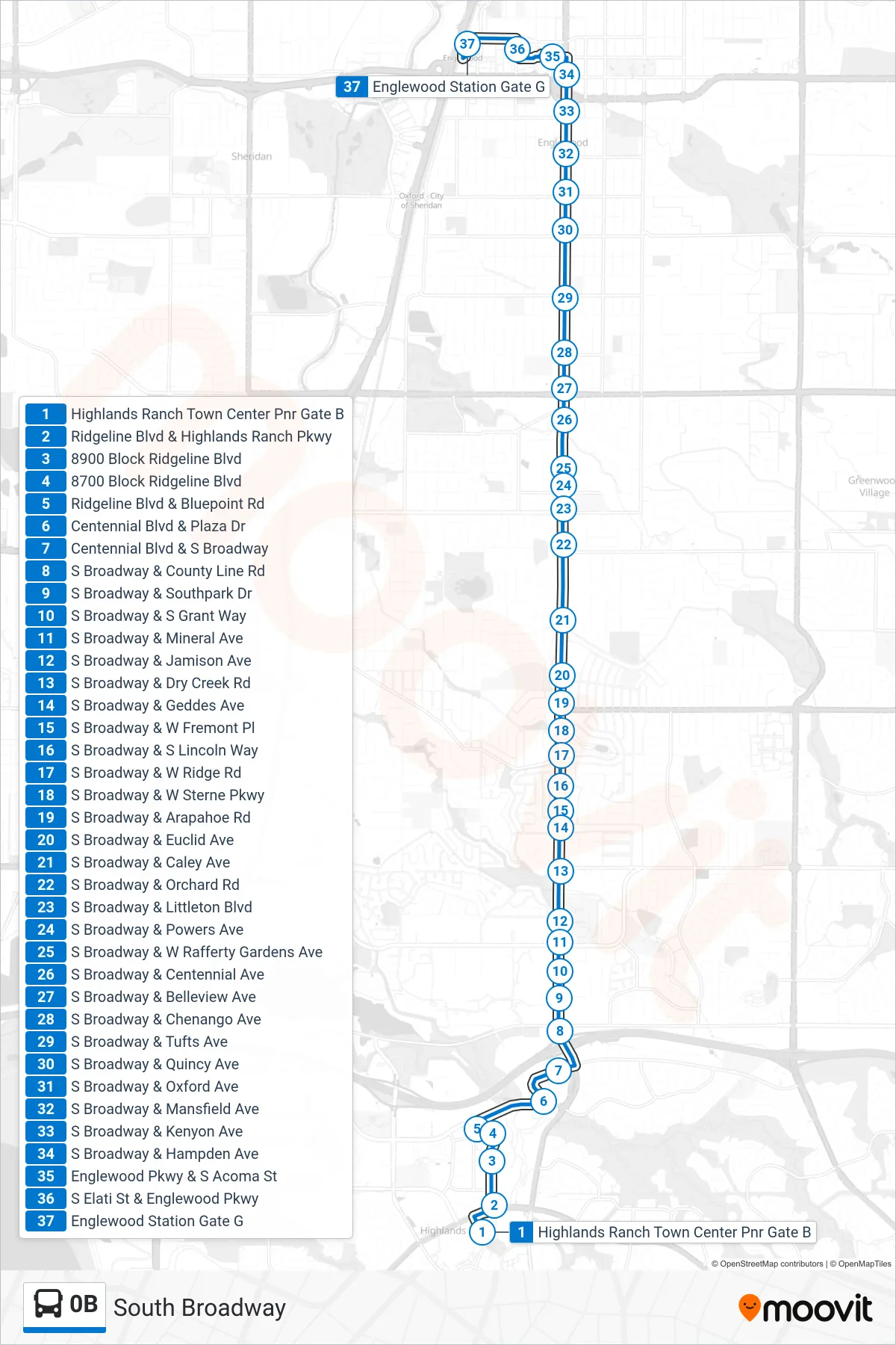 0B bus Line (Englewood) route and stops on a map