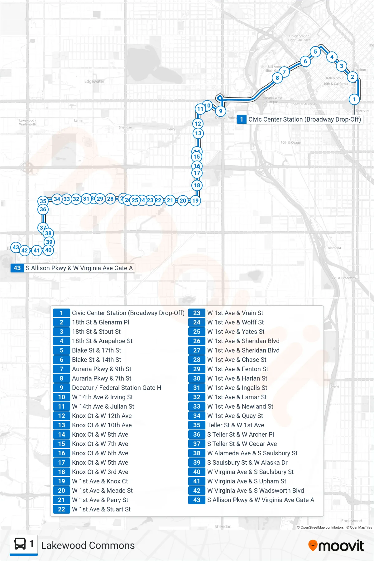 1 bus Line (Lakewood Commons) route and stops on a map
