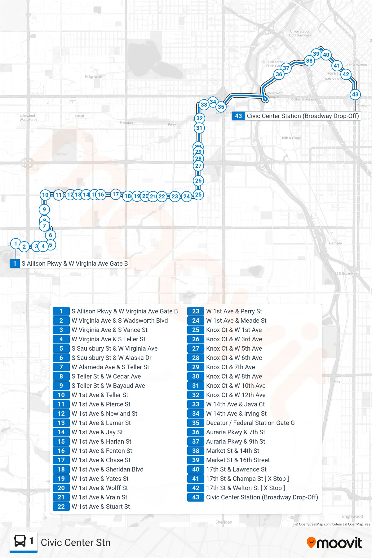 1 bus Line (Civic Center Stn) route and stops on a map