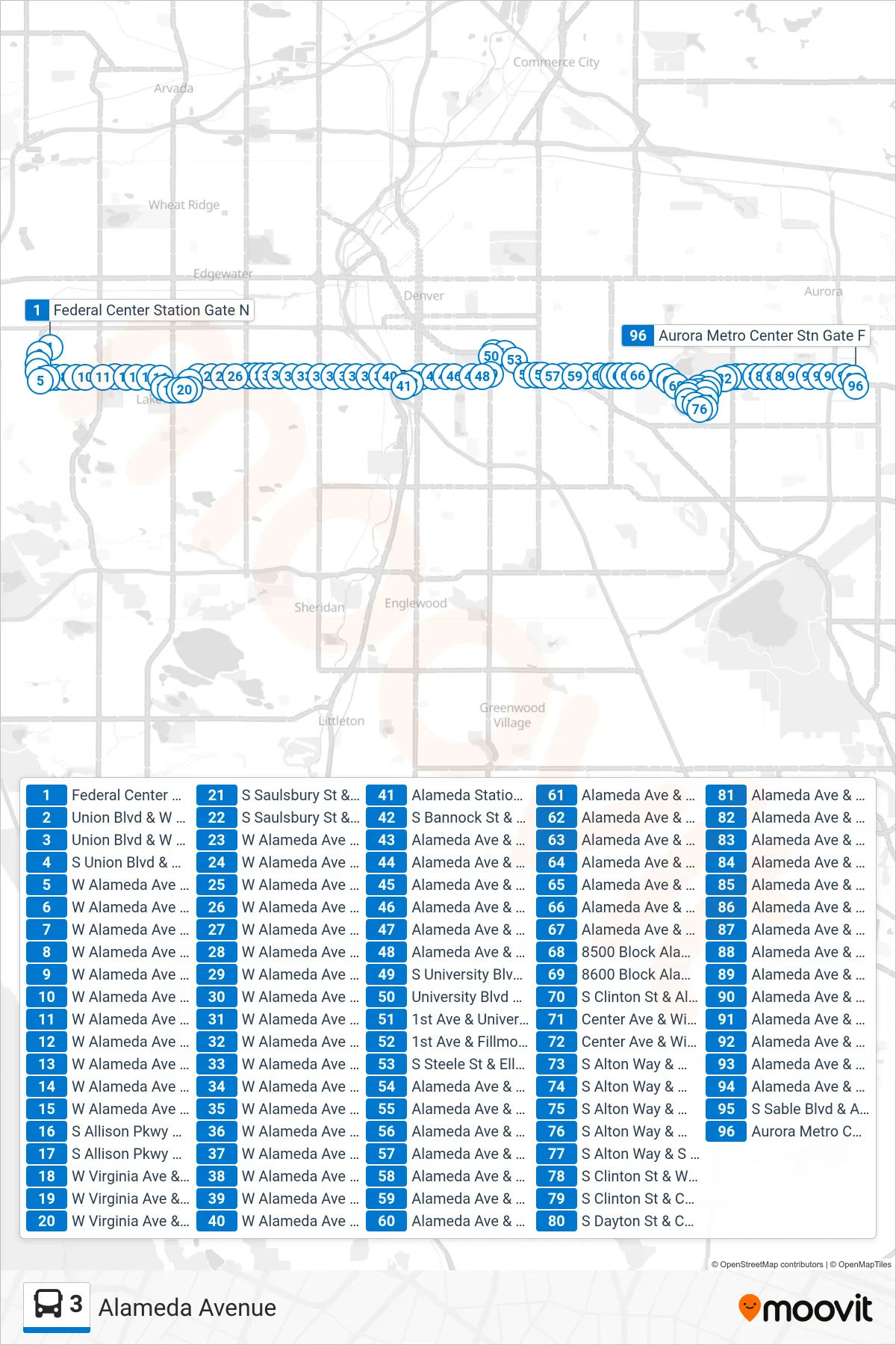 3 bus Line (Aurora Metro Cntr Via Alameda) route and stops on a map