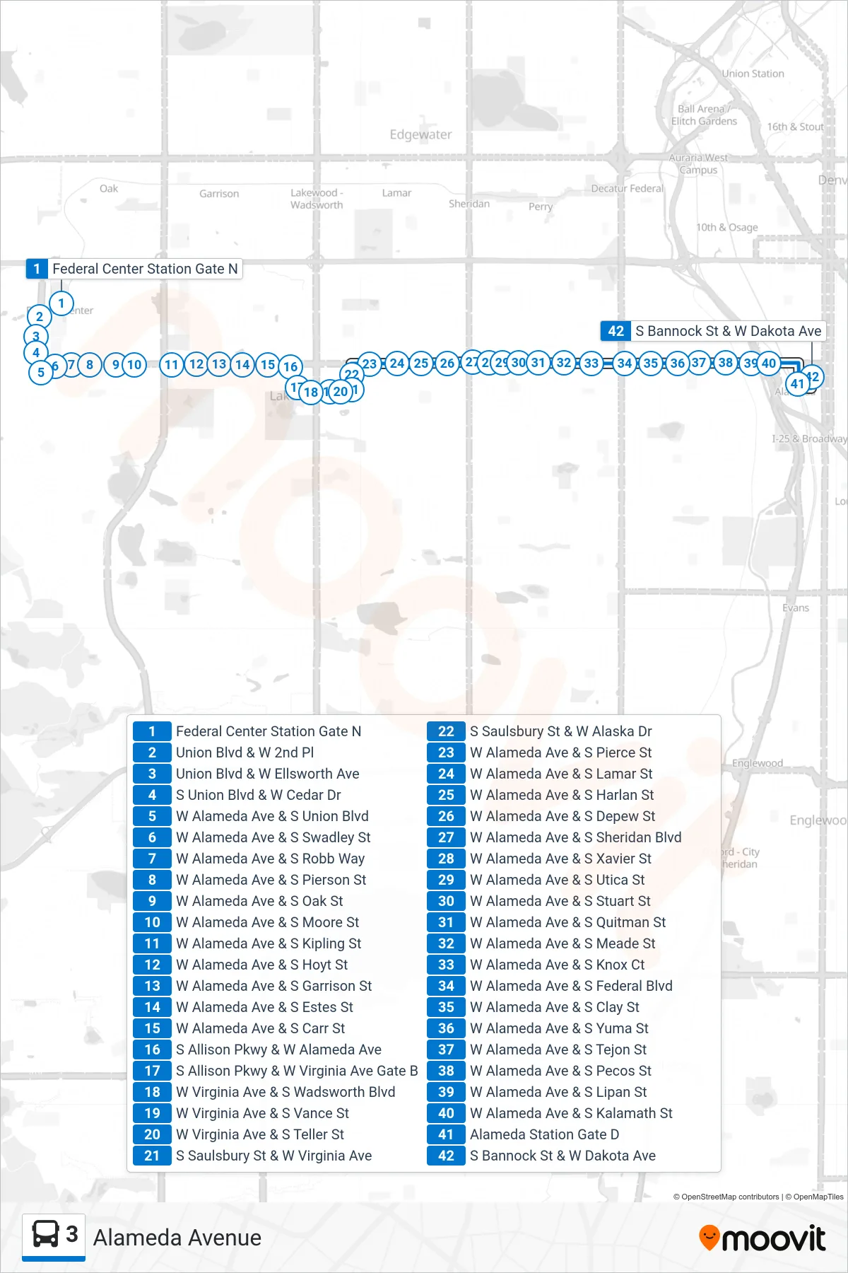 3 bus Line (Lincoln St) route and stops on a map