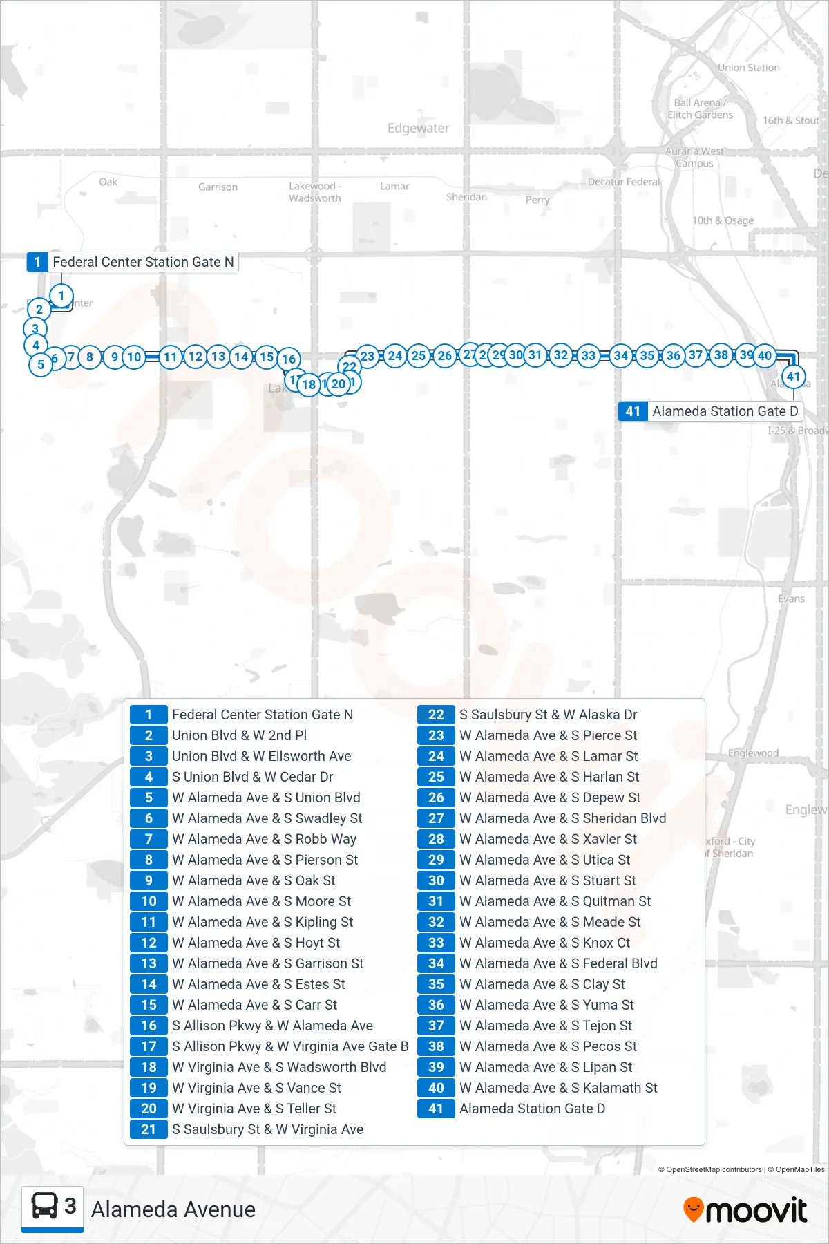 3 bus Line (Alameda Stn) route and stops on a map