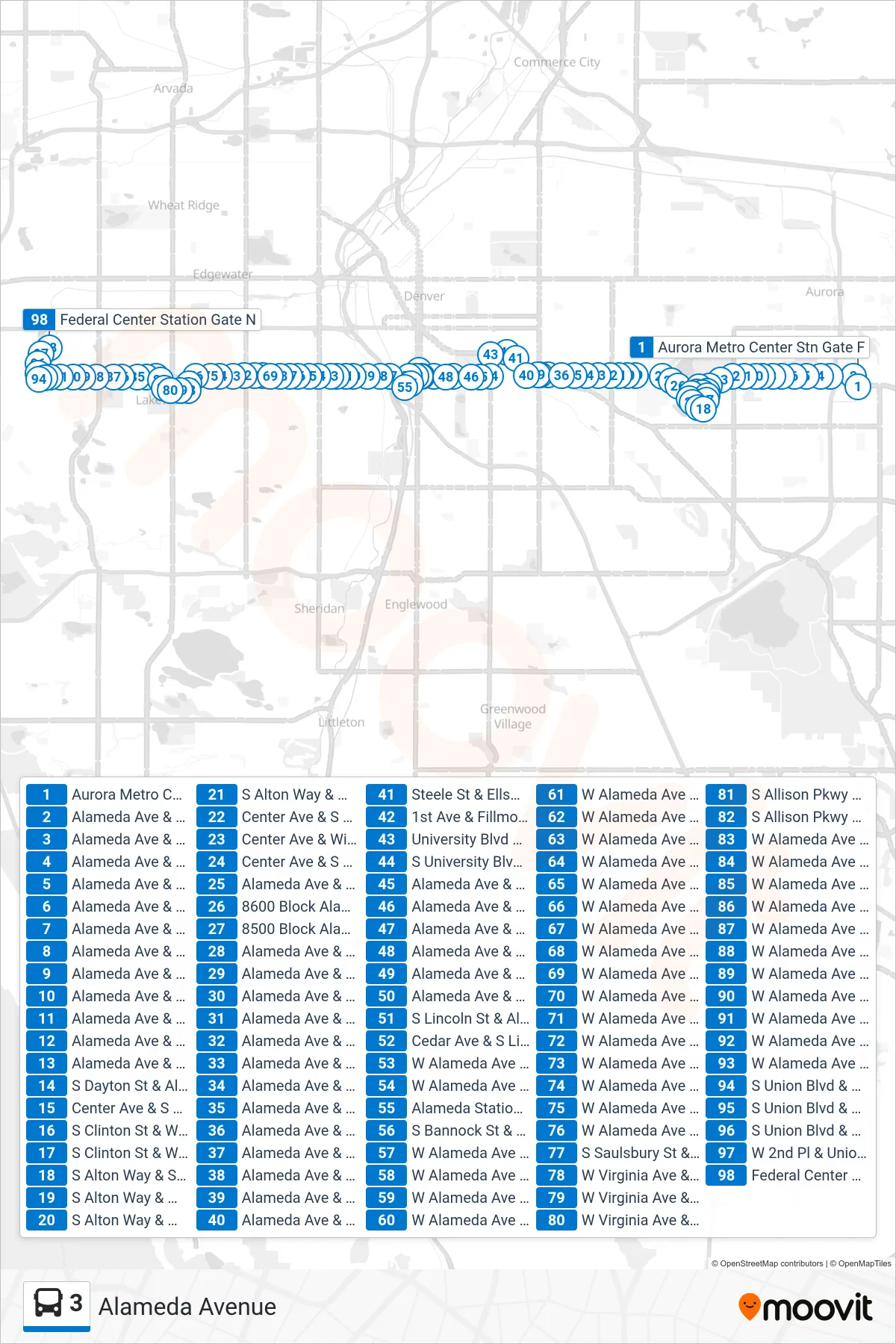 3 bus Line (Federal Center) route and stops on a map