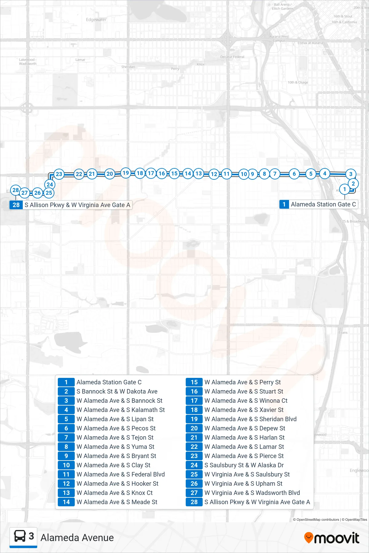 3 bus Line (Lakewood Commons) route and stops on a map