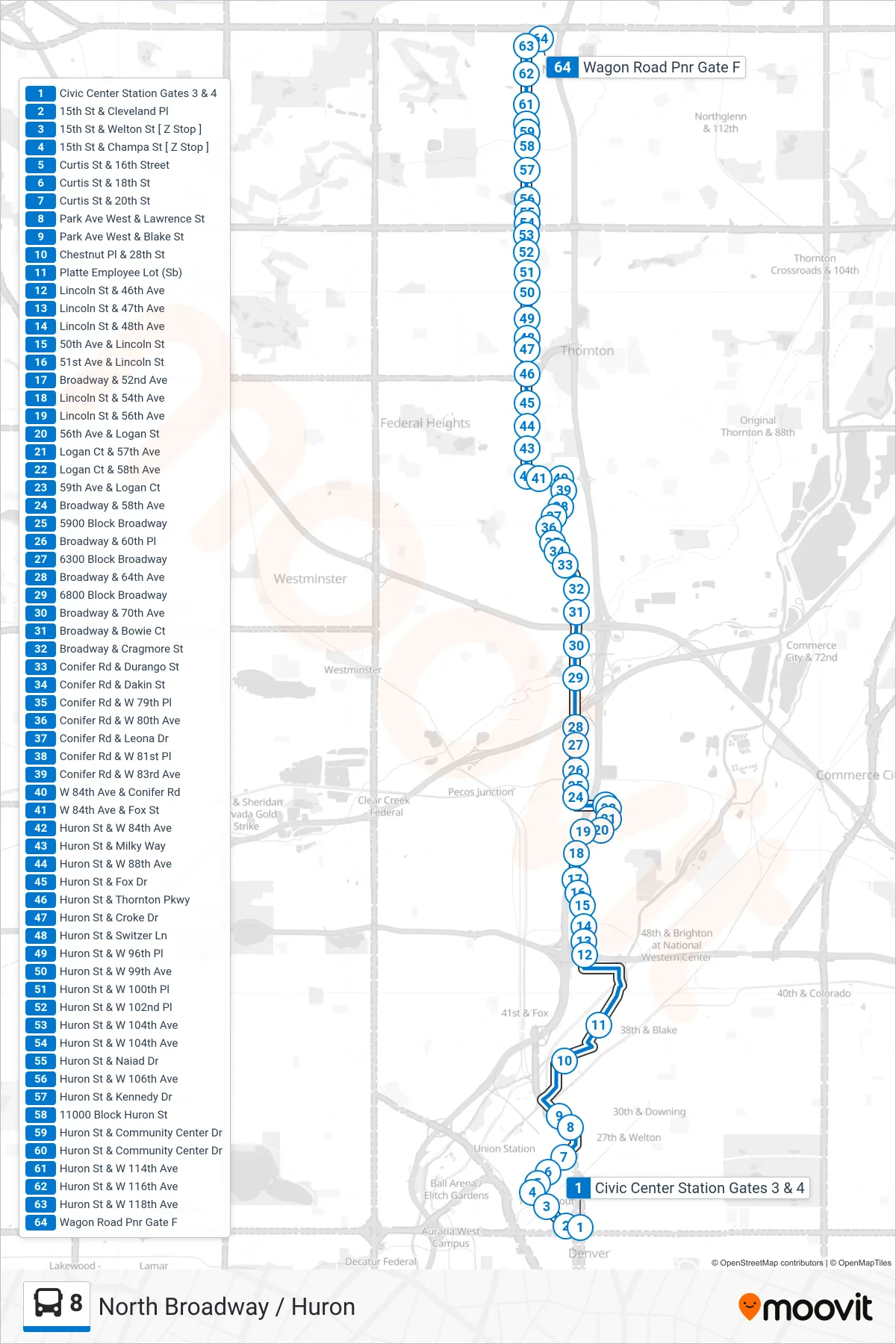8 bus Line (Wagon Rd Pnr) route and stops on a map