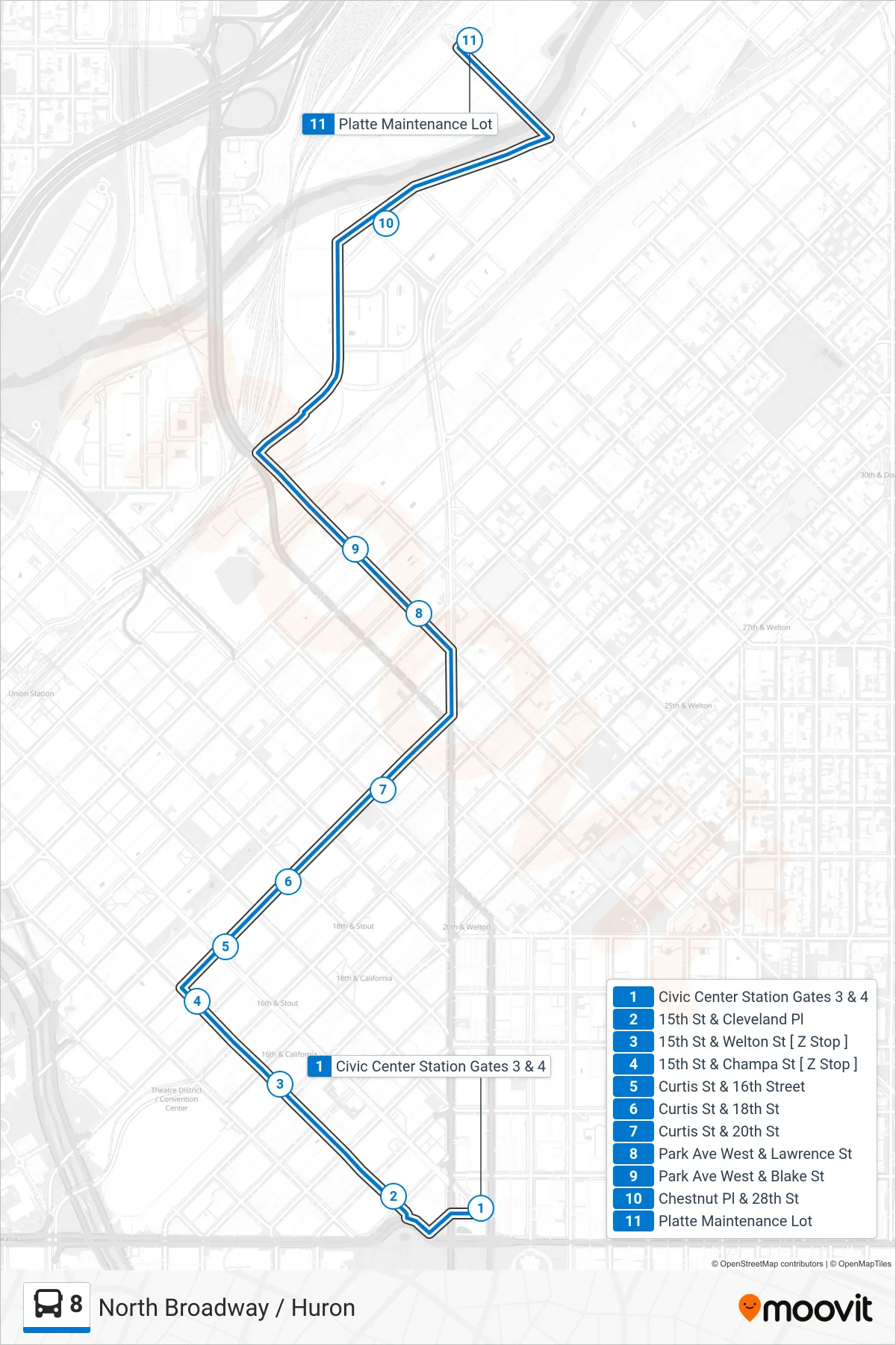 8 bus Line (Platte Division) route and stops on a map