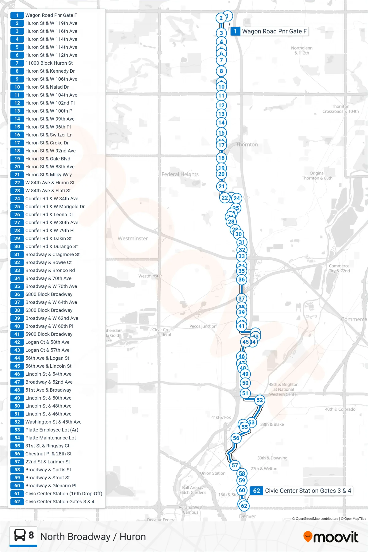 8 bus Line (Civic Center Station) route and stops on a map