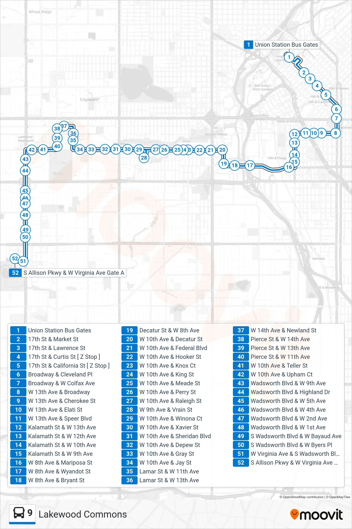 9 bus Line (Lakewood Commons) route and stops on a map
