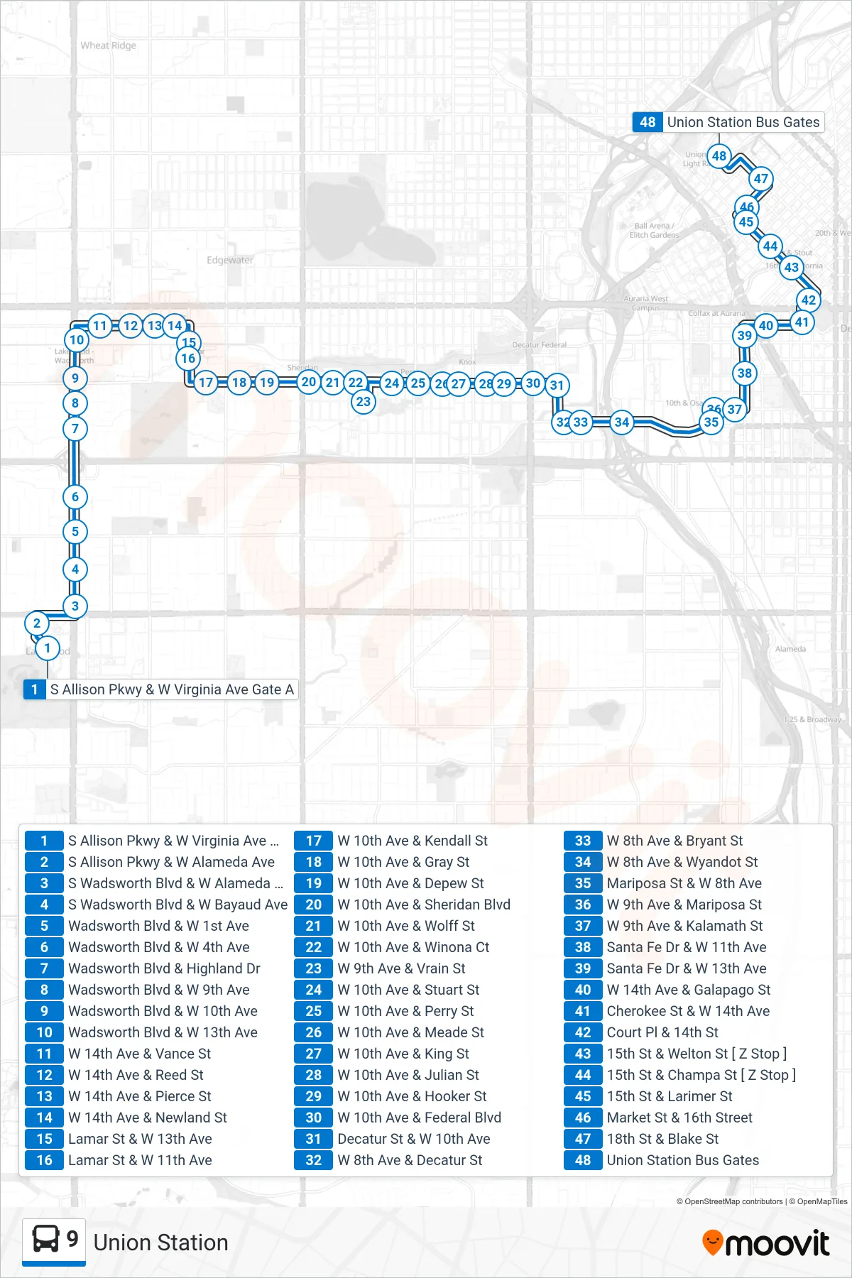 9 bus Line (Union Station) route and stops on a map