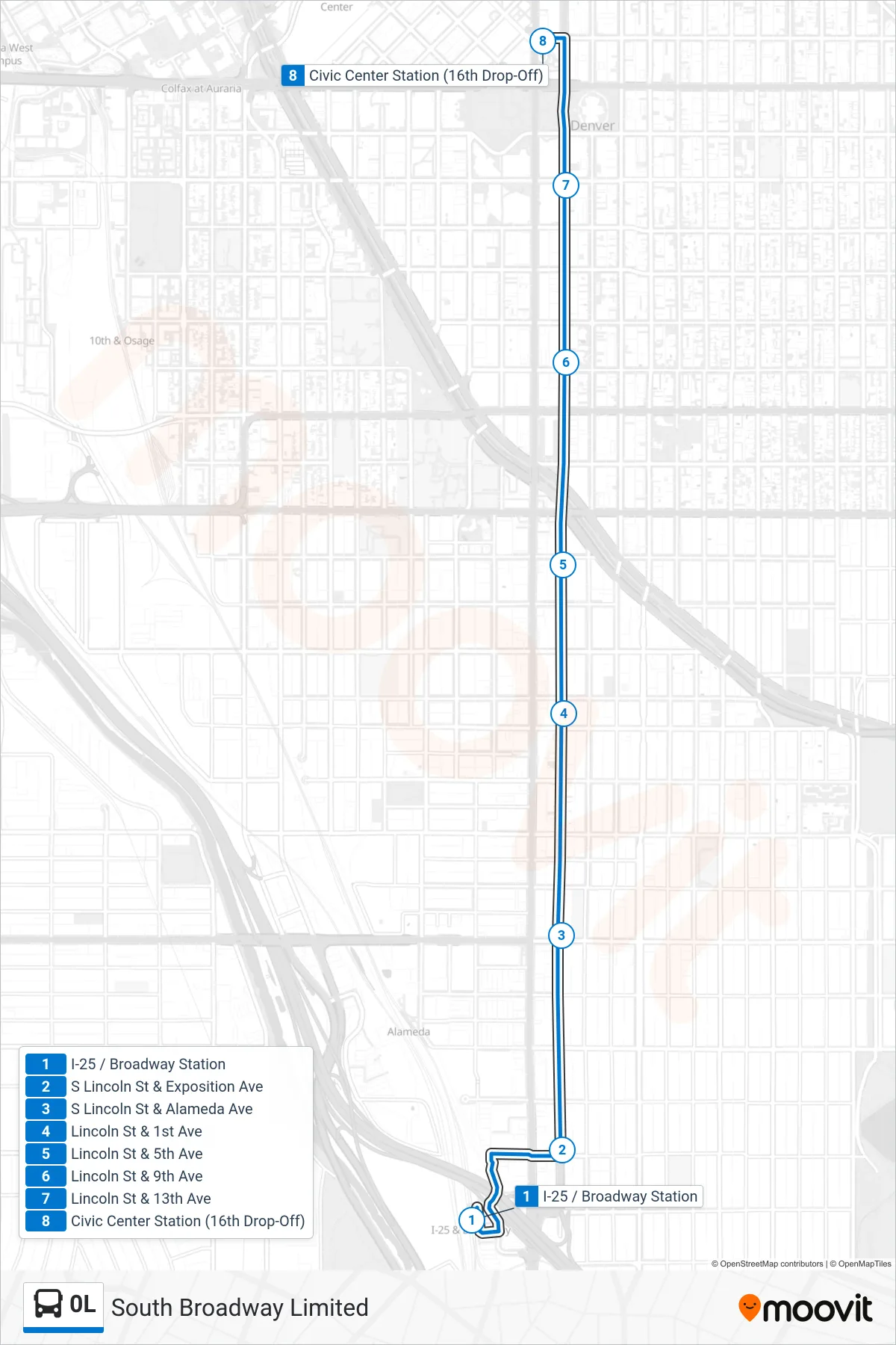 0L bus Line (Civic Center) route and stops on a map