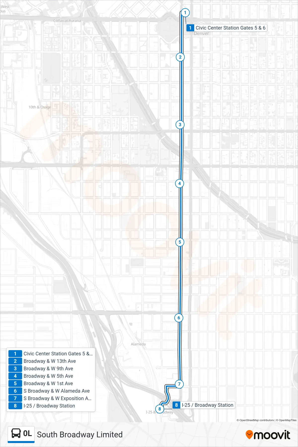 0L bus Line (Broadway Stn) route and stops on a map