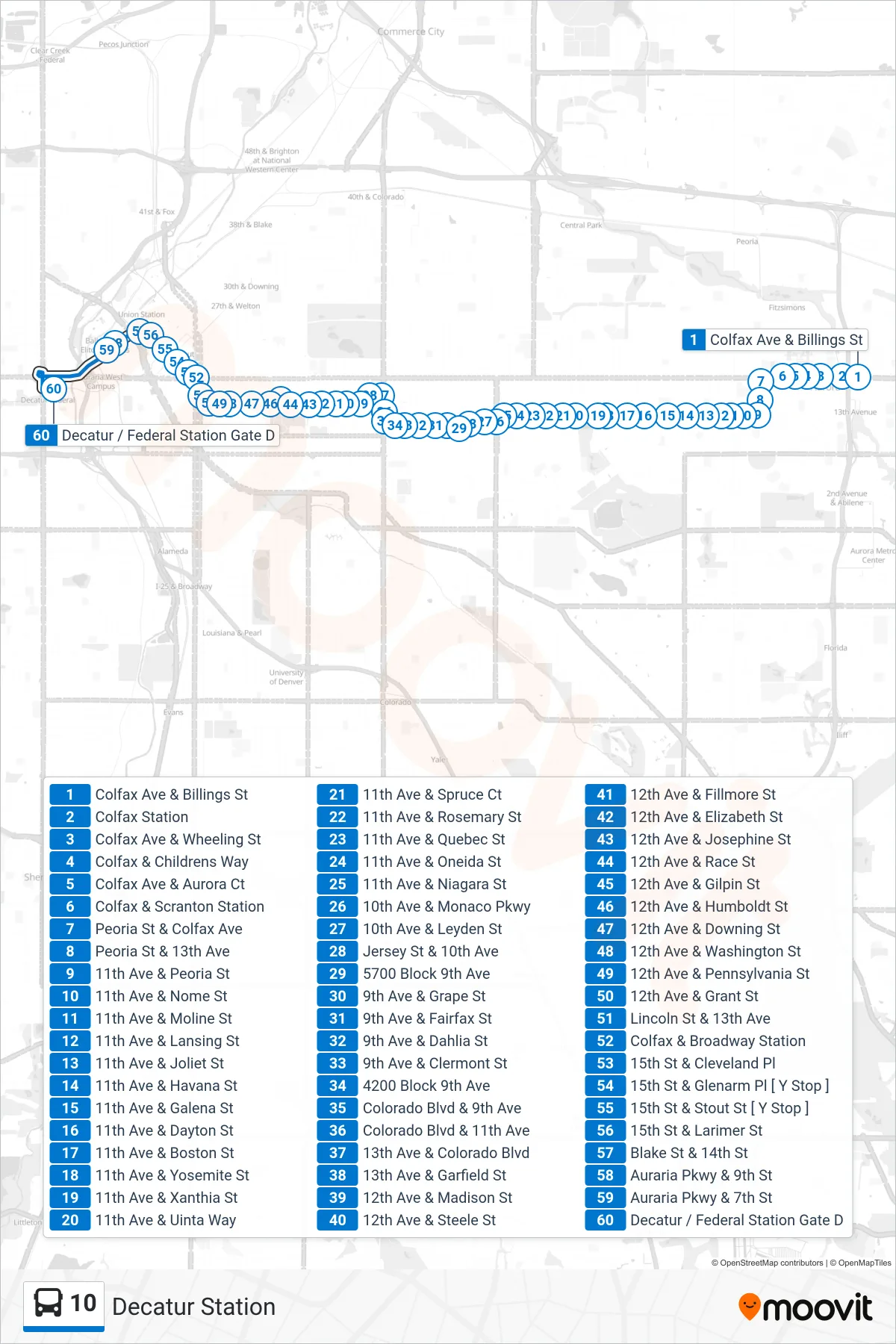 10 bus Line (Decatur Station) route and stops on a map