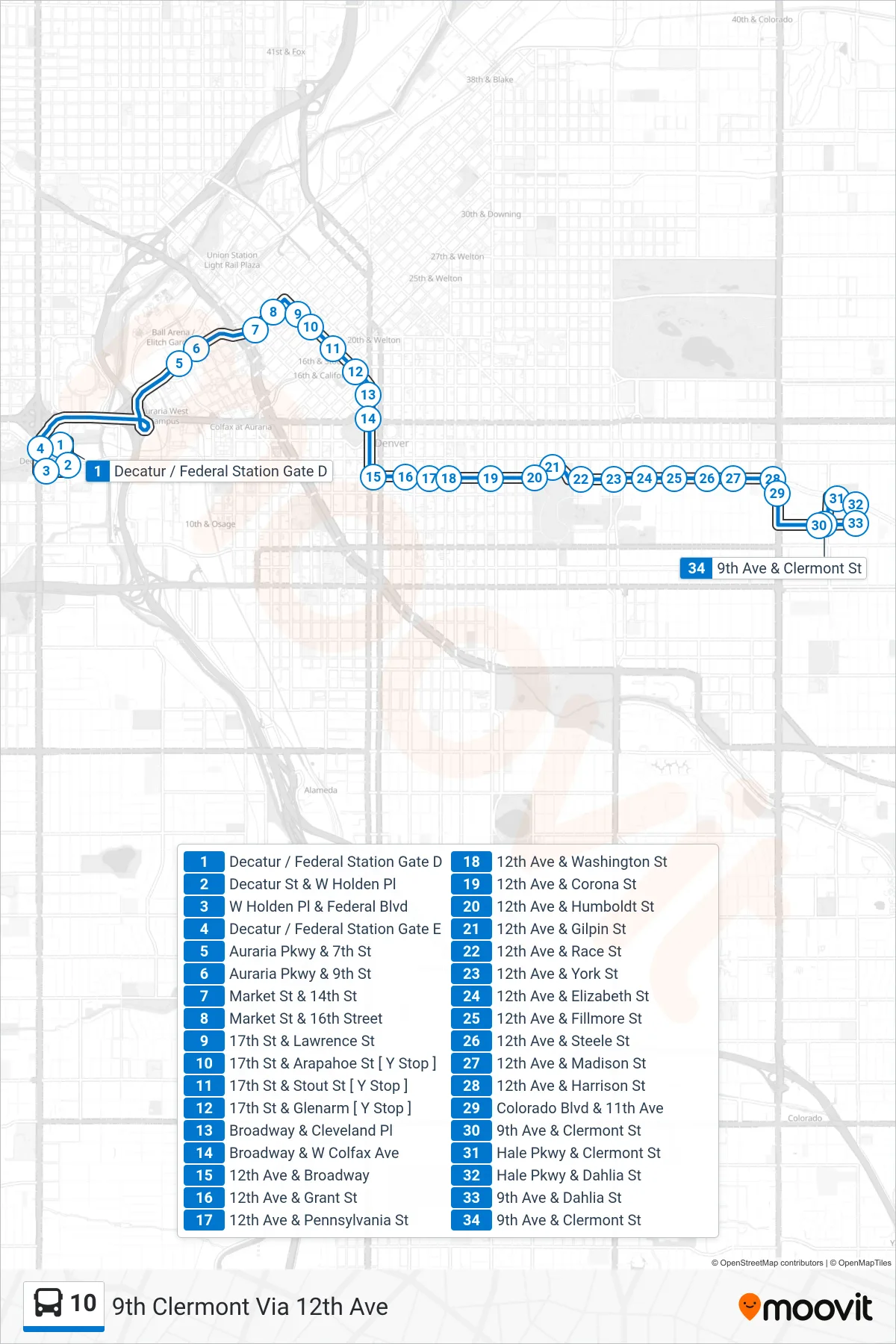 10 bus Line (9th Clermont Via 12th Ave) route and stops on a map