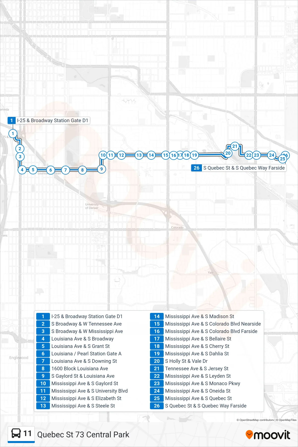 11 bus Line (Quebec St 73 Central Park) route and stops on a map