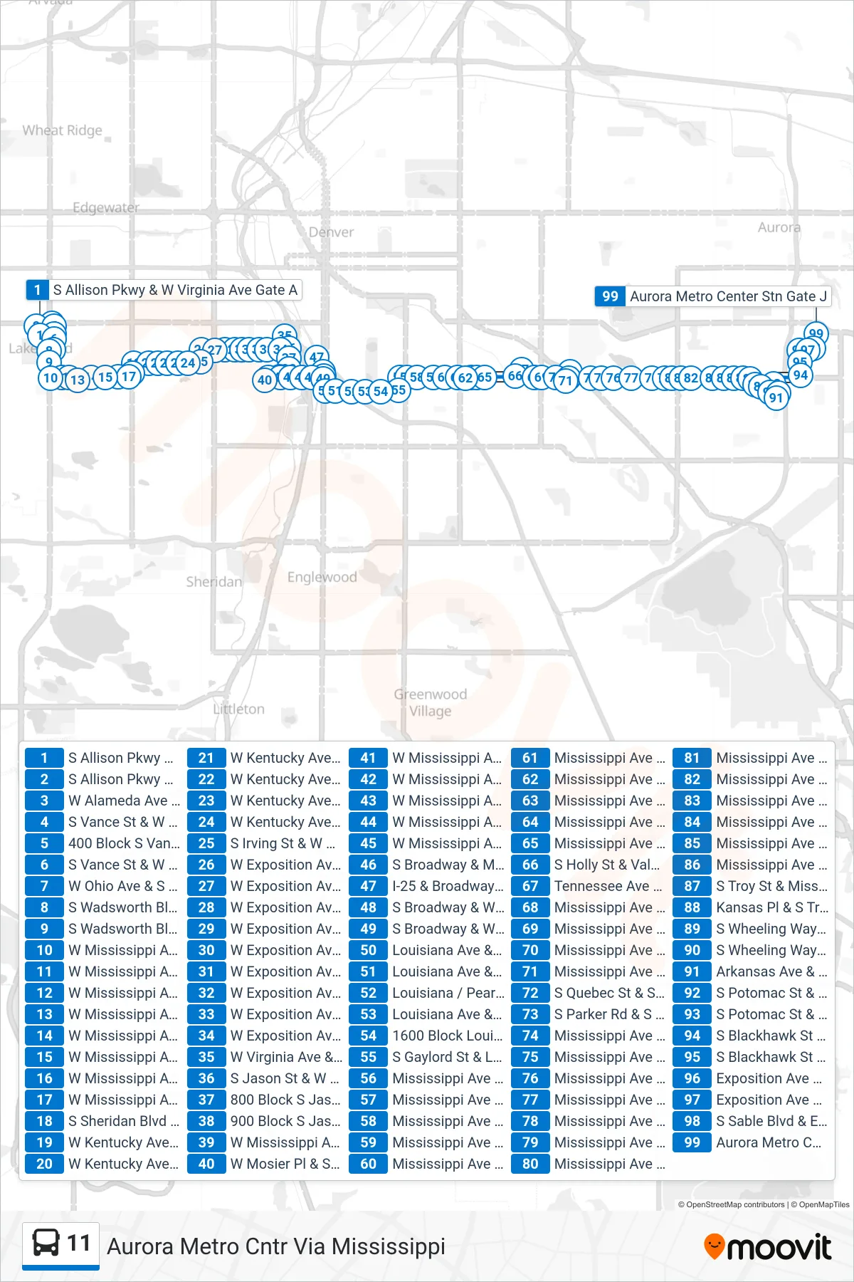 11 bus Line (Aurora Metro Cntr Via Mississippi) route and stops on a map