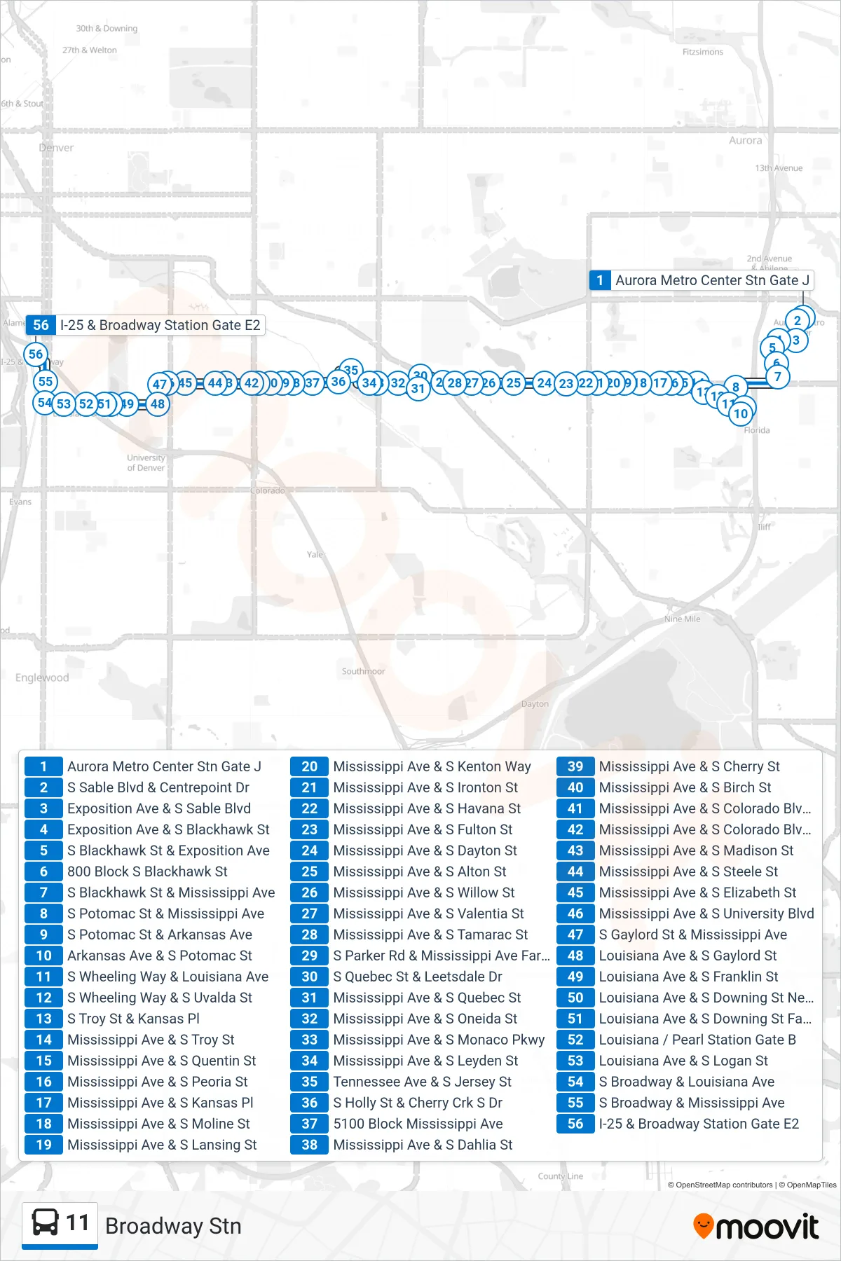 11 bus Line (Broadway Stn) route and stops on a map