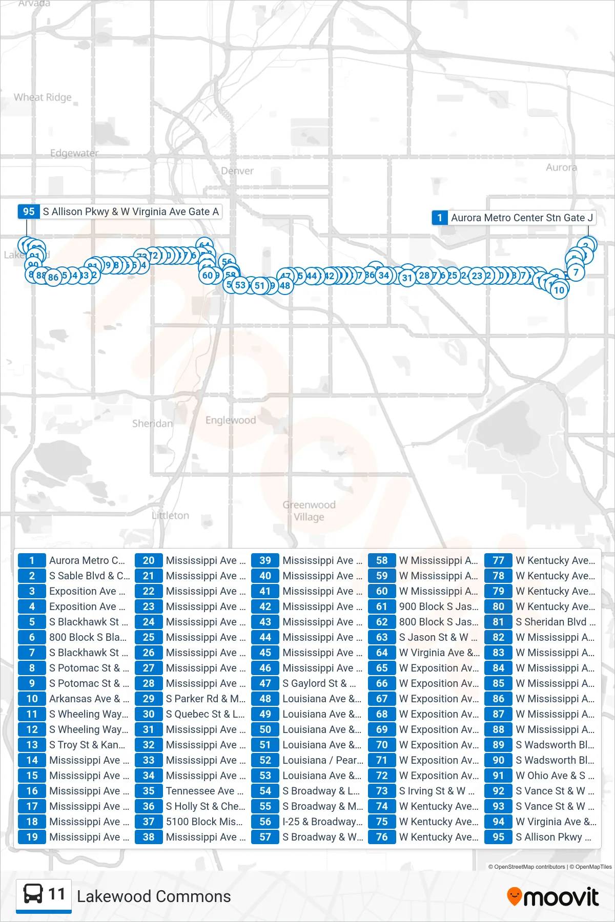 11 bus Line (Lakewood Commons) route and stops on a map