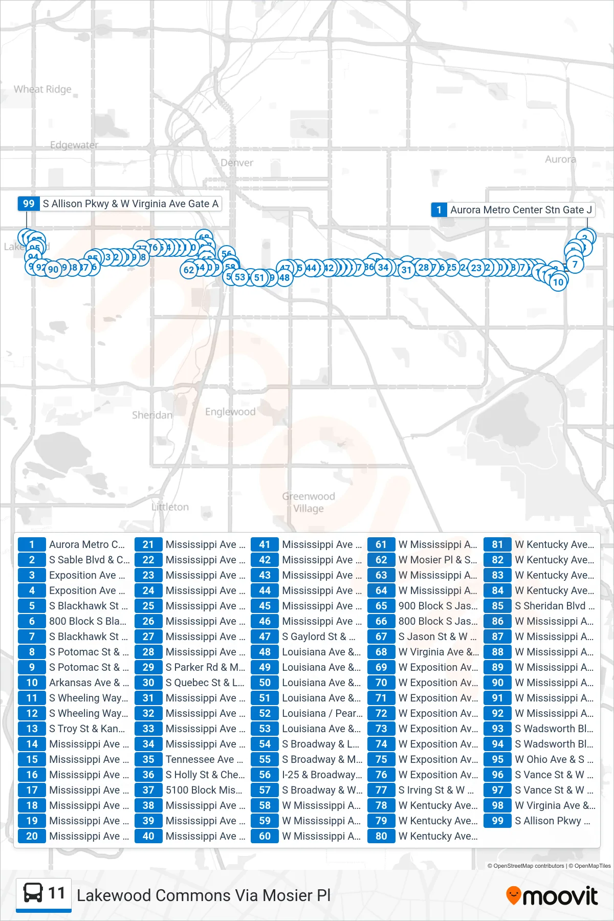 11 bus Line (Lakewood Commons Via Mosier Pl) route and stops on a map