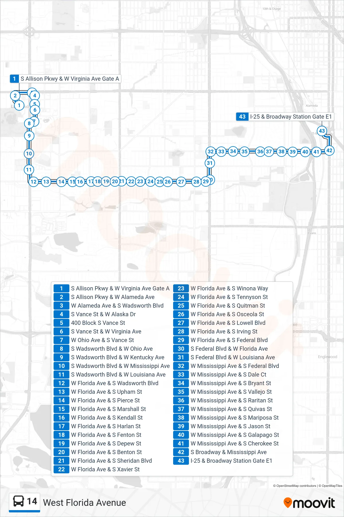 14 bus Line (I-25 & Broadway Station) route and stops on a map