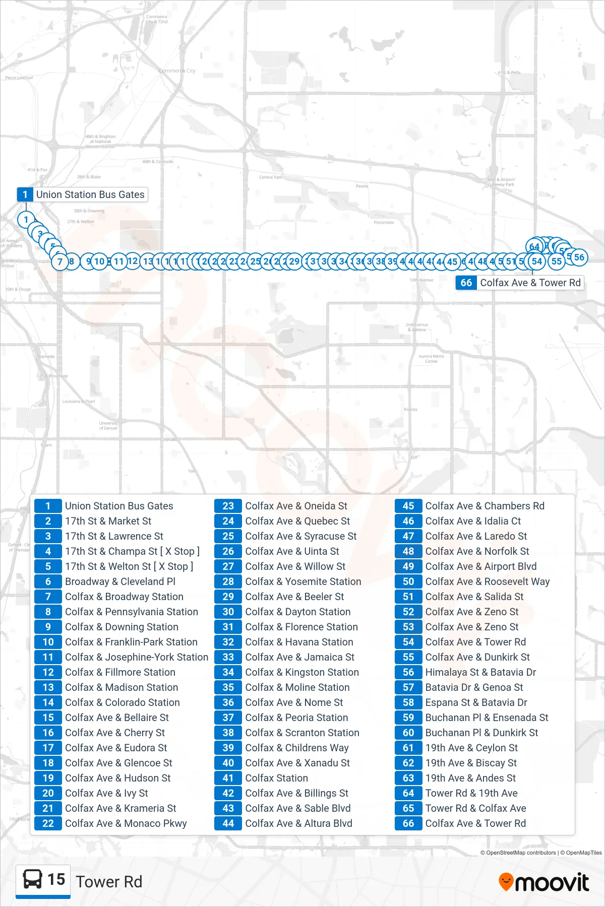 15 bus Line (Tower Rd) route and stops on a map