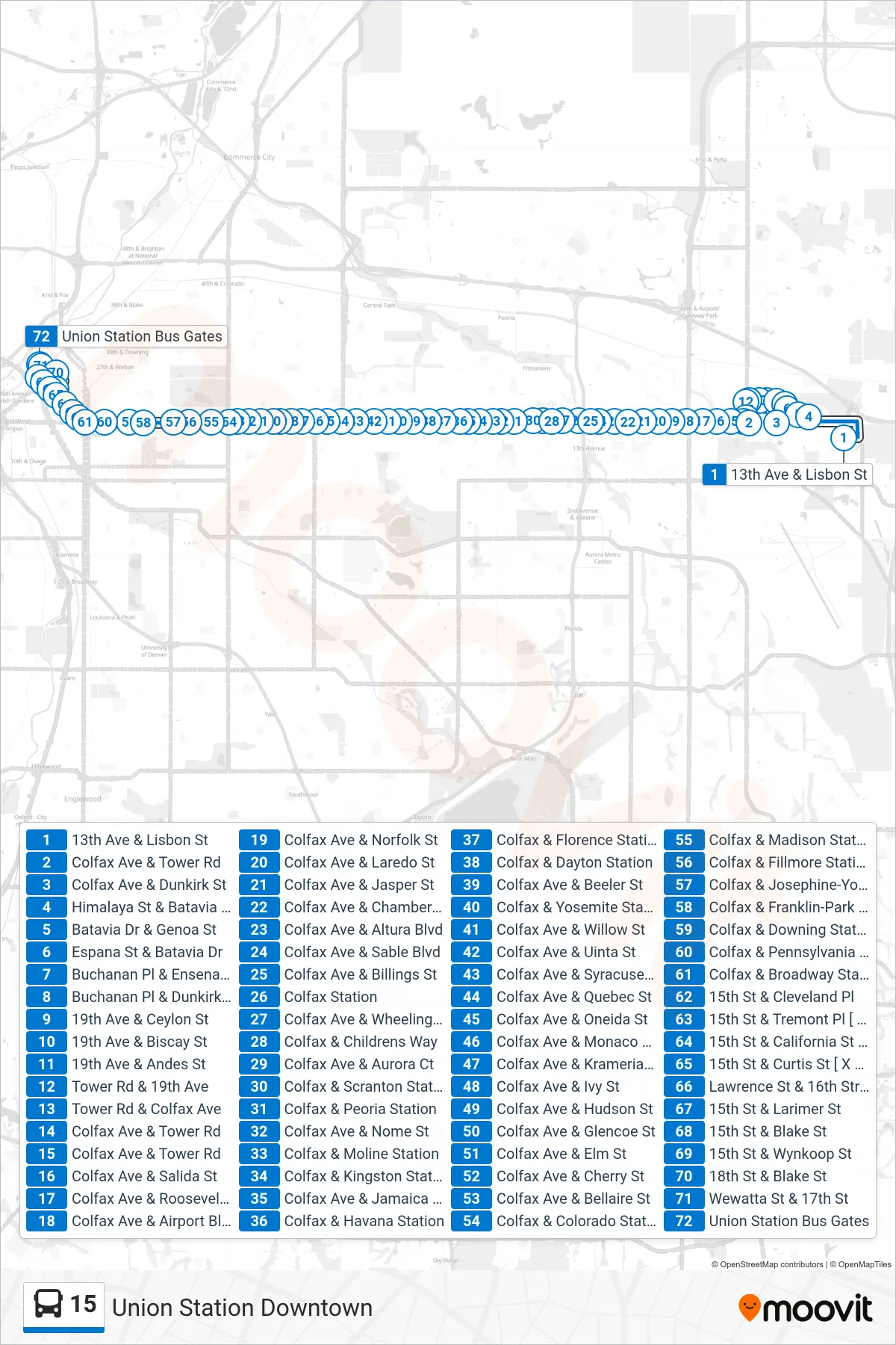15 bus Line (Union Station Downtown) route and stops on a map