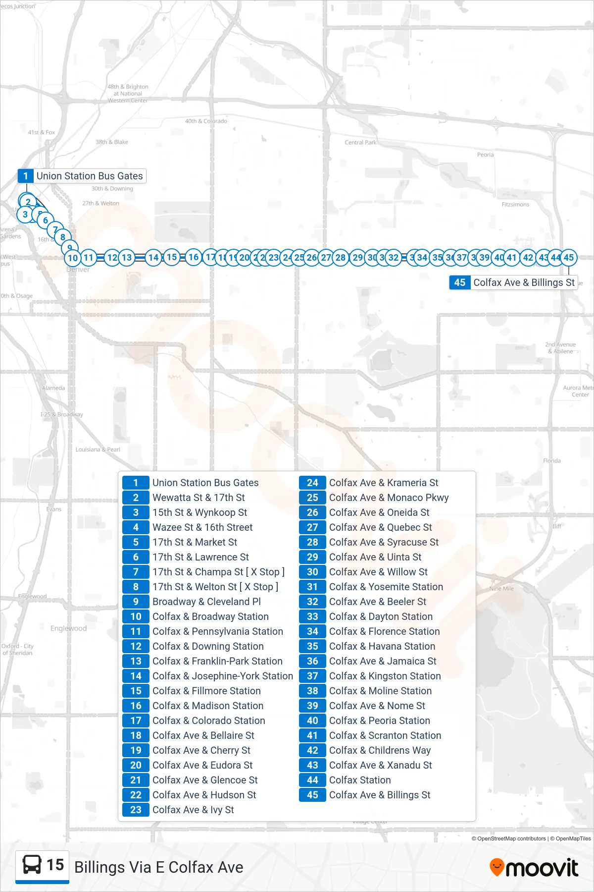 15 bus Line (Billings Via E Colfax Ave) route and stops on a map